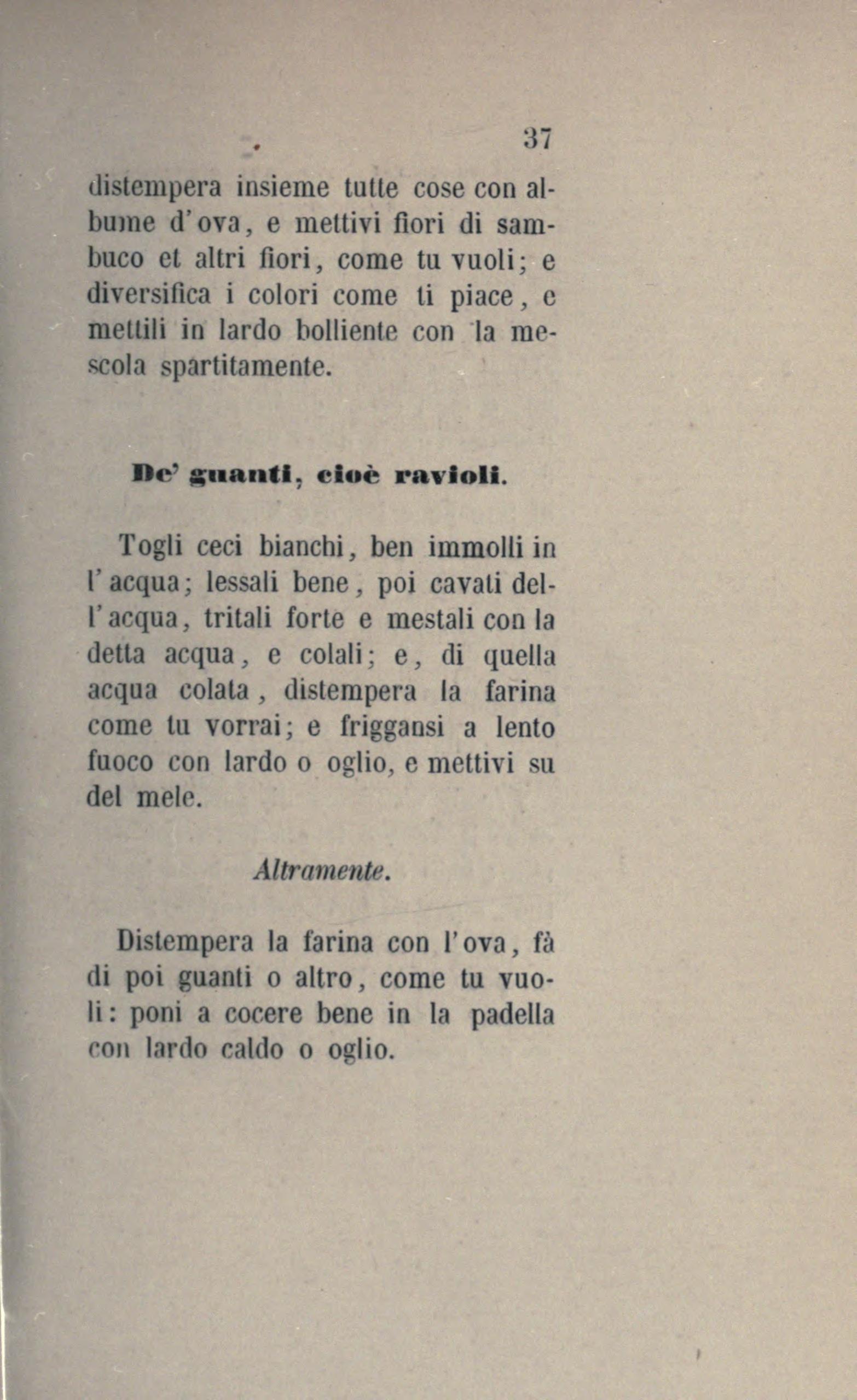 Guanti (Ravioli), Teig-Rezepte für frittierte Pasta, mit Kichererbsen-Wasser oder Eiern - Originalseite aus Anonimo Toscano - Libro della cocina