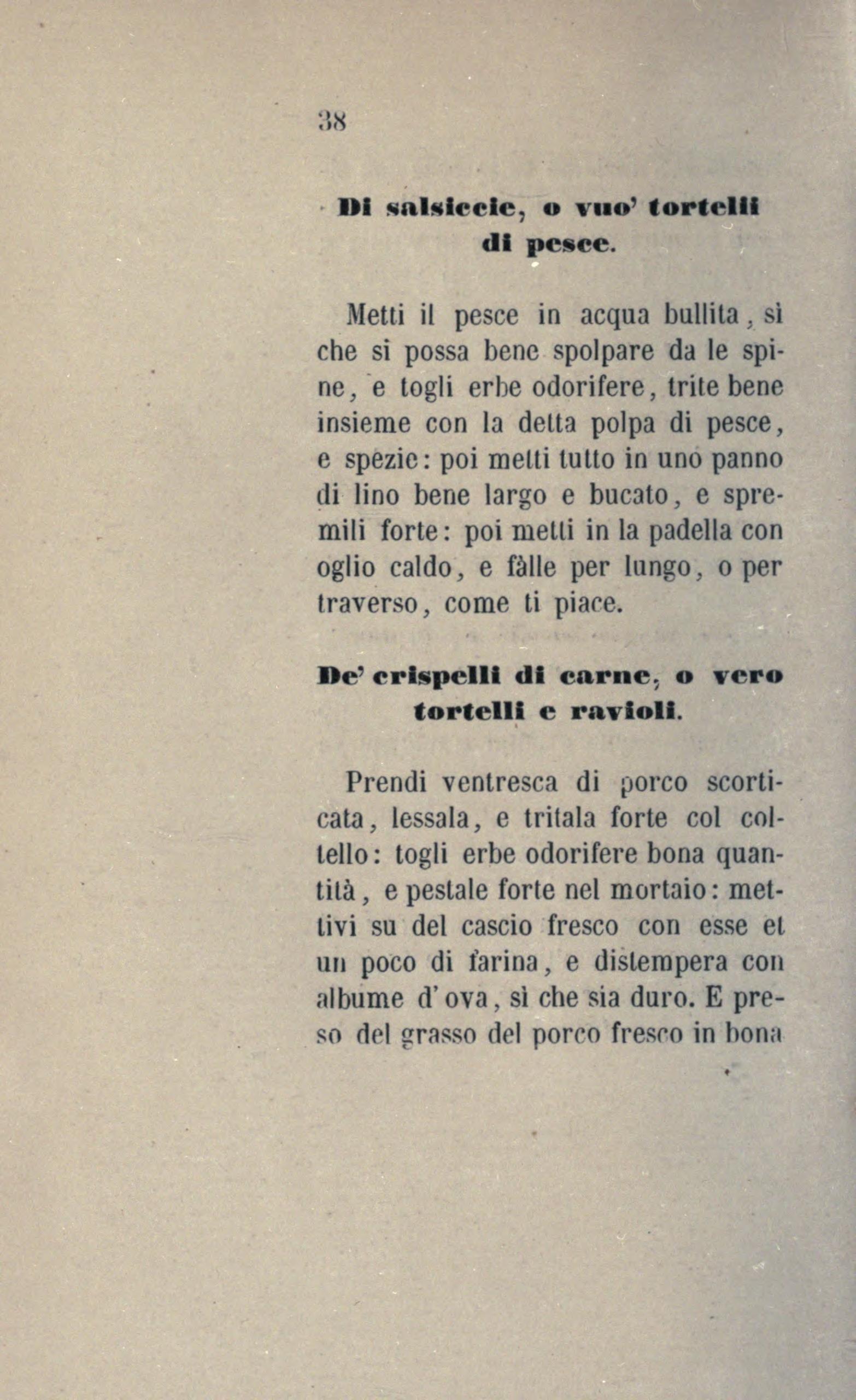Crispelli, Tortelli oder Ravioli, frittierte Bratlinge aus Schweinebauch-Käse-Kräuter-Masse - Originalseite aus Anonimo Toscano - Libro della cocina