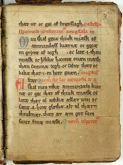 Saure Mandelmilch aus Mandelkernen — Originalseite aus Kogebog (Harpestreng-Handschrift NKS 66)