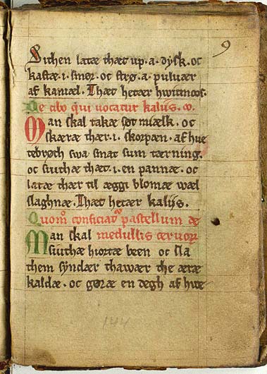 Weißer Milchbrei mit Safran und Zimt — Originalseite aus Kogebog (Harpestreng-Handschrift NKS 66)