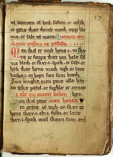 Huhn in Eigelbsauce — Originalseite aus Kogebog (Harpestreng-Handschrift NKS 66)