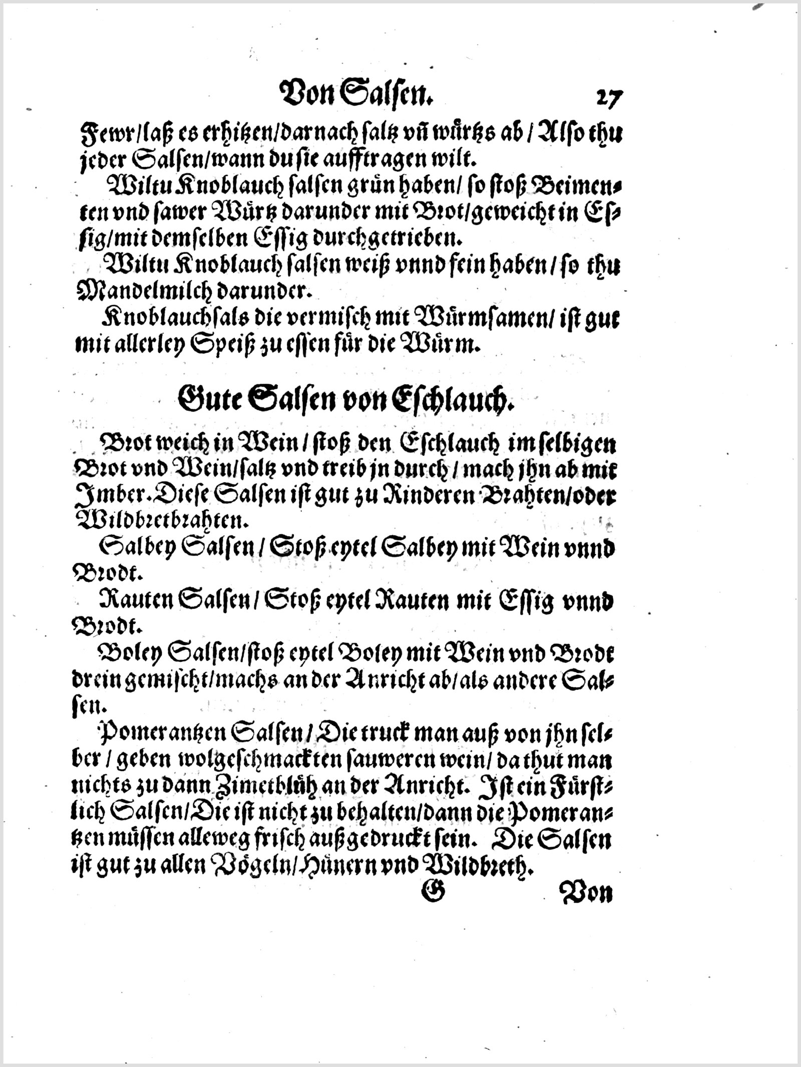 Saucen mit Eschlauch, Salbei und Pomeranze — Originalseite aus Koch und Kellermeisterei