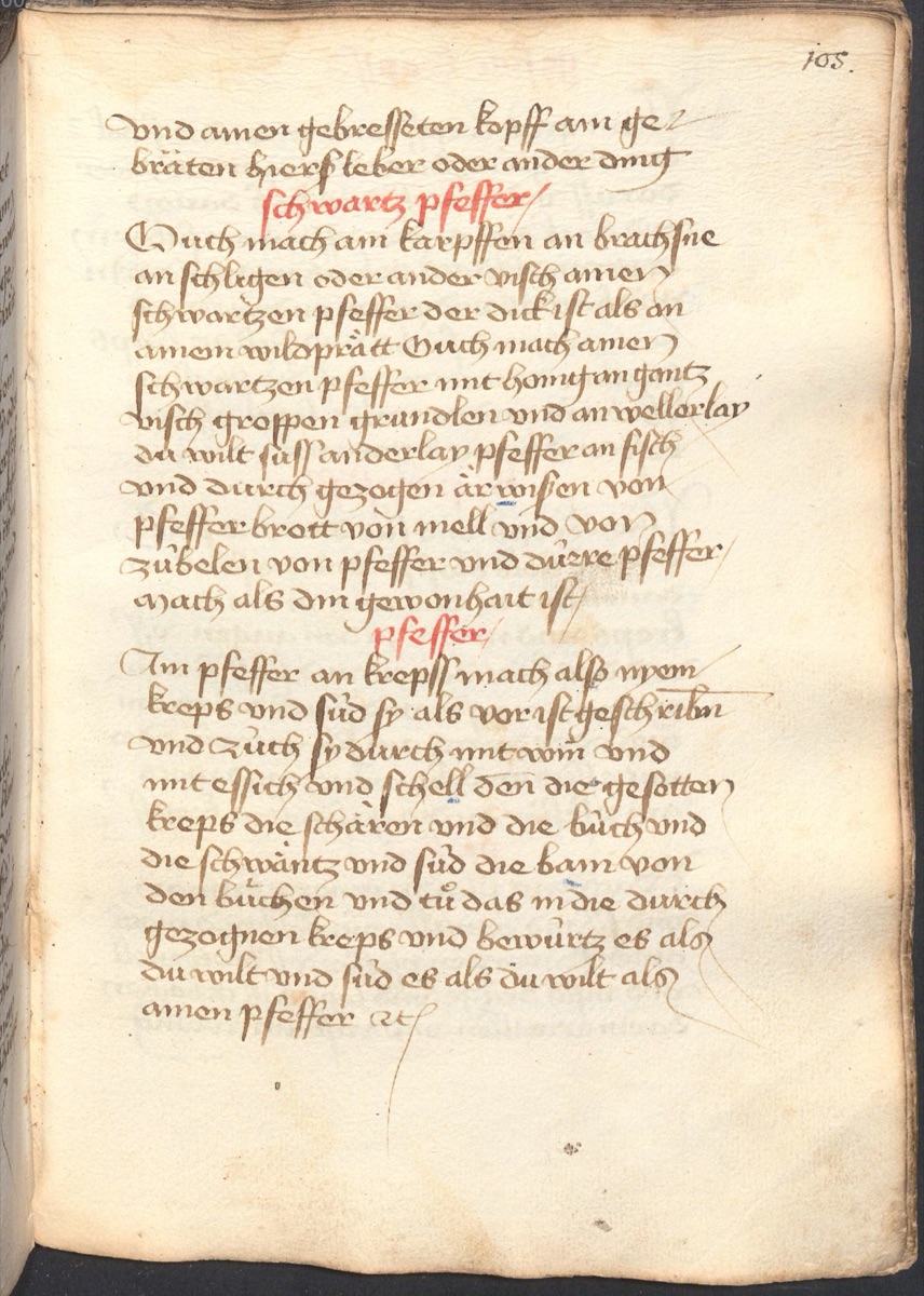 Schwarzer Pfeffer zu Fisch (drei Arten) - Originalseite aus Münchner Kochbuchhandschriften (Cgm 384)