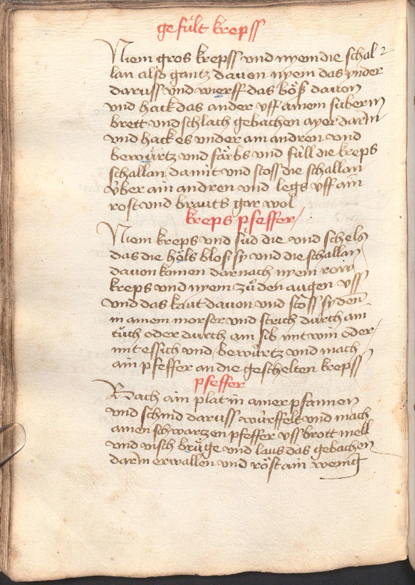 Schwarzer Pfeffer mit gebackenen Würfeln und Croutons - Originalseite aus Münchner Kochbuchhandschriften (Cgm 384)