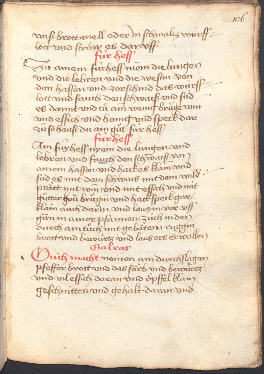 Galray - säuerliche Apfel-Pfefferbrot-Sauce über den Kopf - Originalseite aus Münchner Kochbuchhandschriften (Cgm 384)