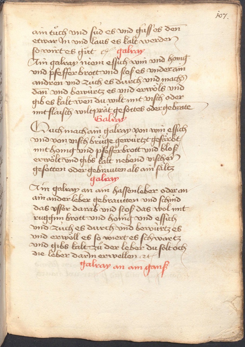 Galray - kalte Essig-Wein-Honig-Sauce zu Fisch und Wild - Originalseite aus Münchner Kochbuchhandschriften (Cgm 384)