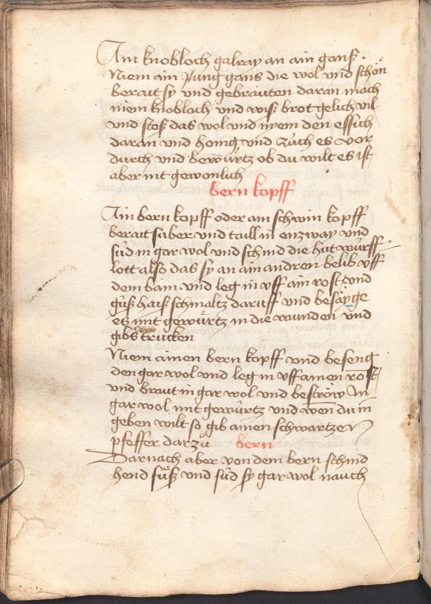 Bären- oder Schweinekopf vom Rost (historisches Schaugericht) - Originalseite aus Münchner Kochbuchhandschriften (Cgm 384)