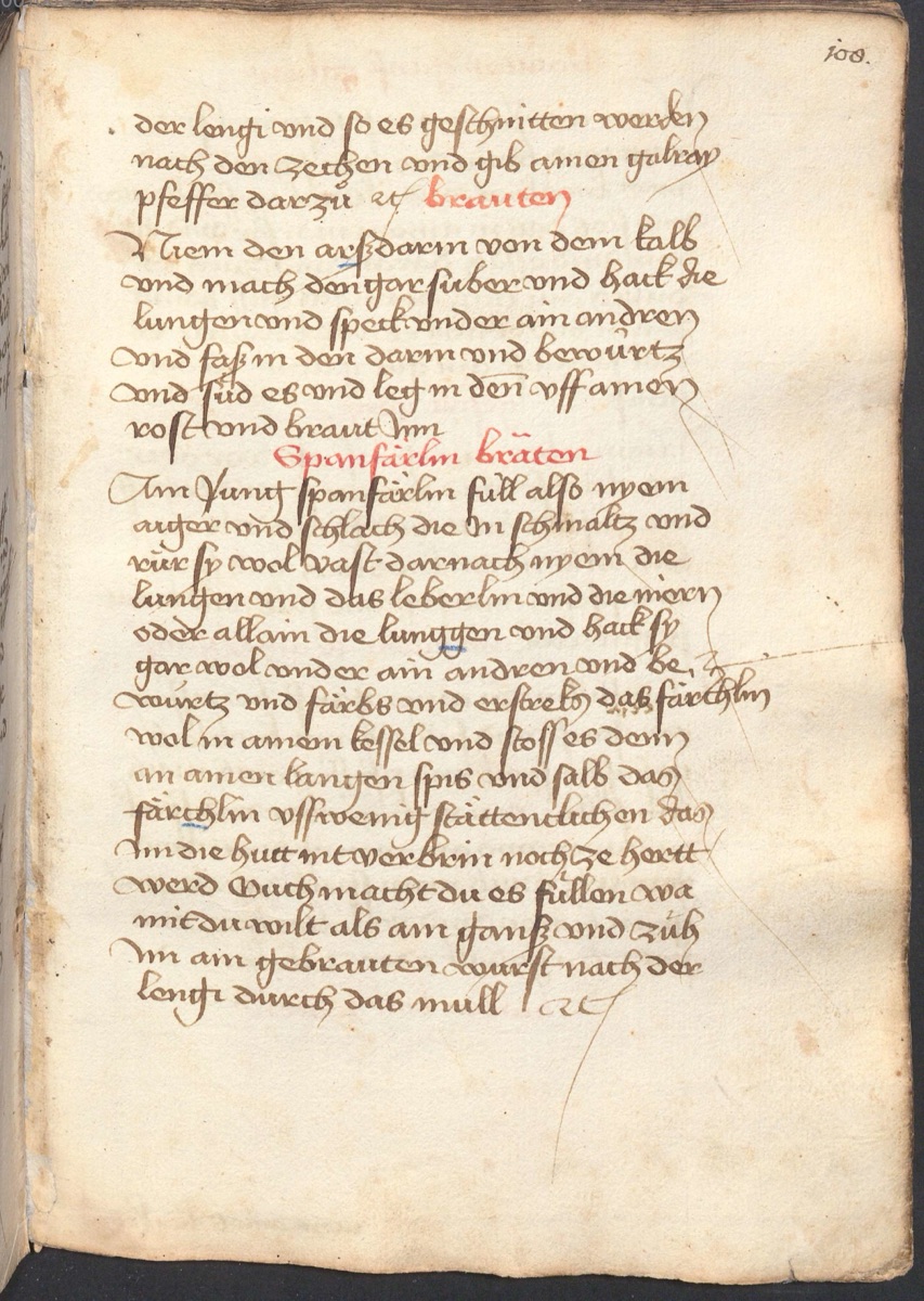 Braten vom Spanferkel mit Innereienfüllung - Originalseite aus Münchner Kochbuchhandschriften (Cgm 384)