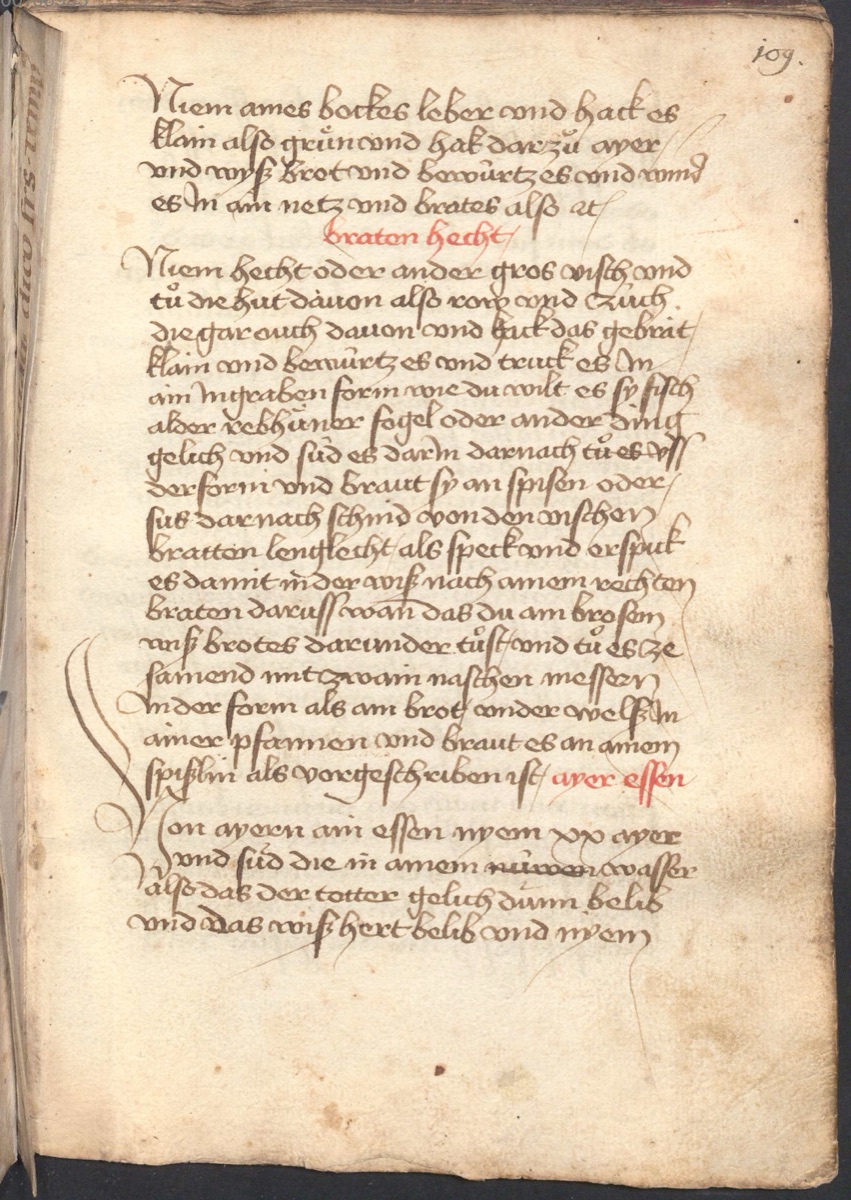 Hechtbraten auf zweierlei Art - Originalseite aus Münchner Kochbuchhandschriften (Cgm 384)