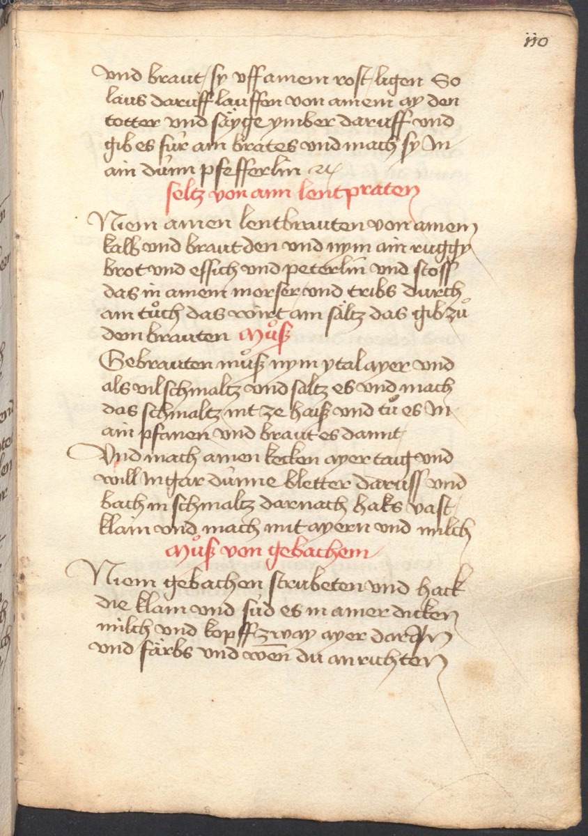 Mus von gebackenen Strauben - Originalseite aus Münchner Kochbuchhandschriften (Cgm 384)