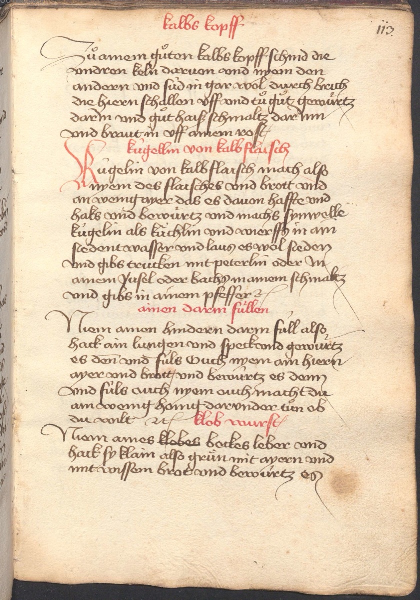 Kalbfleischkügelchen auf dreierlei Art - Originalseite aus Münchner Kochbuchhandschriften (Cgm 384)