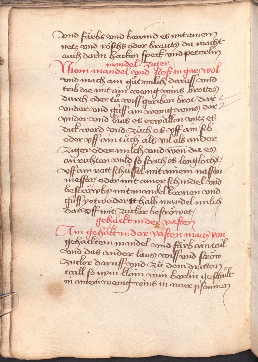 Mandelquark auf roter Schüssel - Originalseite aus Münchner Kochbuchhandschriften (Cgm 384)