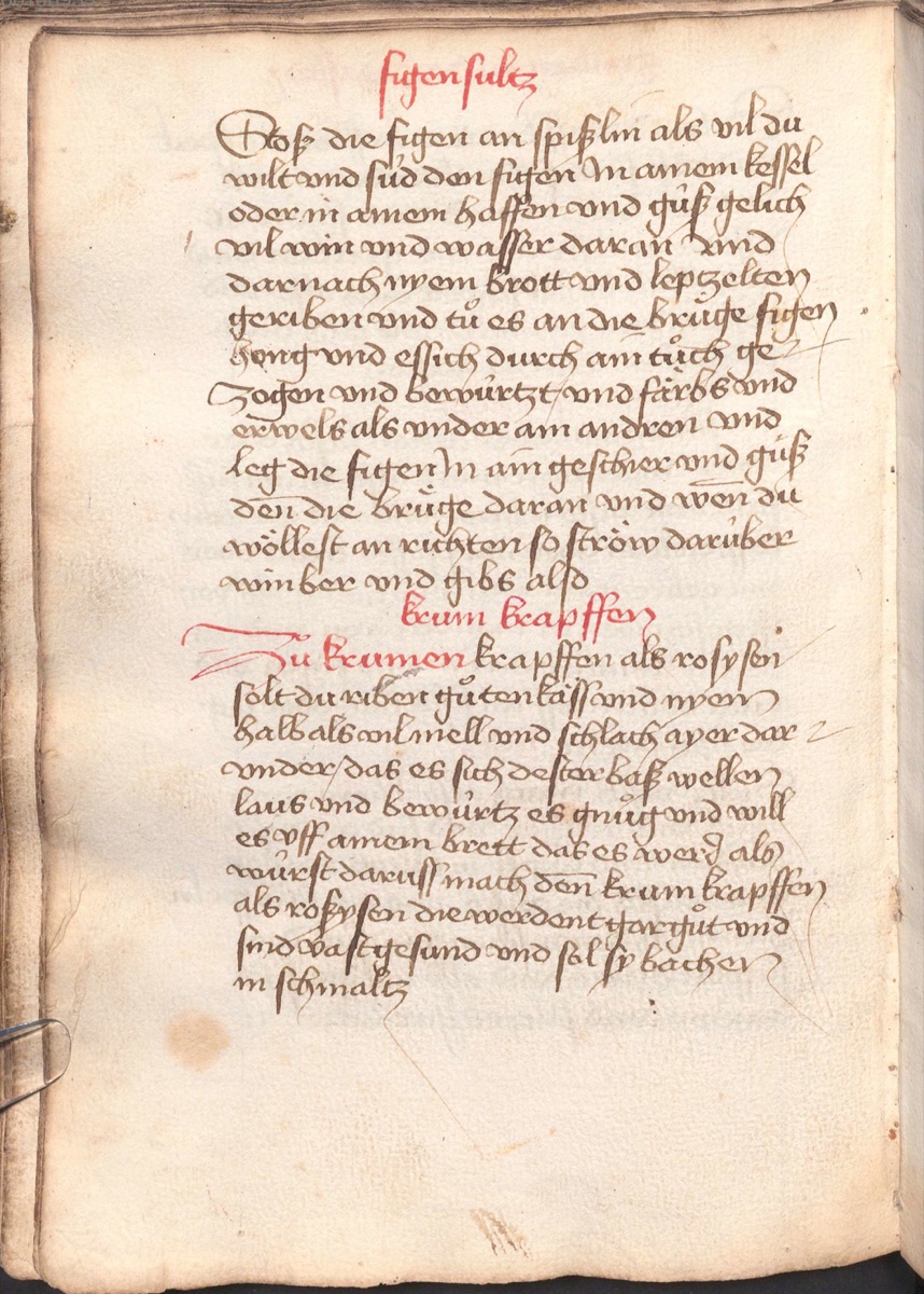 Fastenkrapfen mit grünen Nüssen und Feigen - Originalseite aus Münchner Kochbuchhandschriften (Cgm 384)