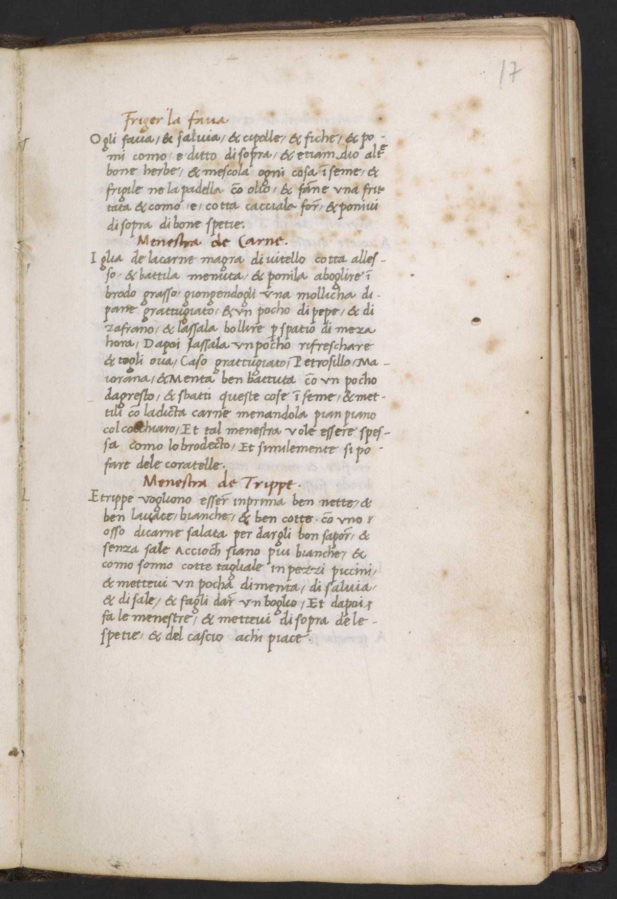 Gebratene Erbsen mit gesalzenem Fleisch — Originalseite aus Libro de Arte Coquinaria