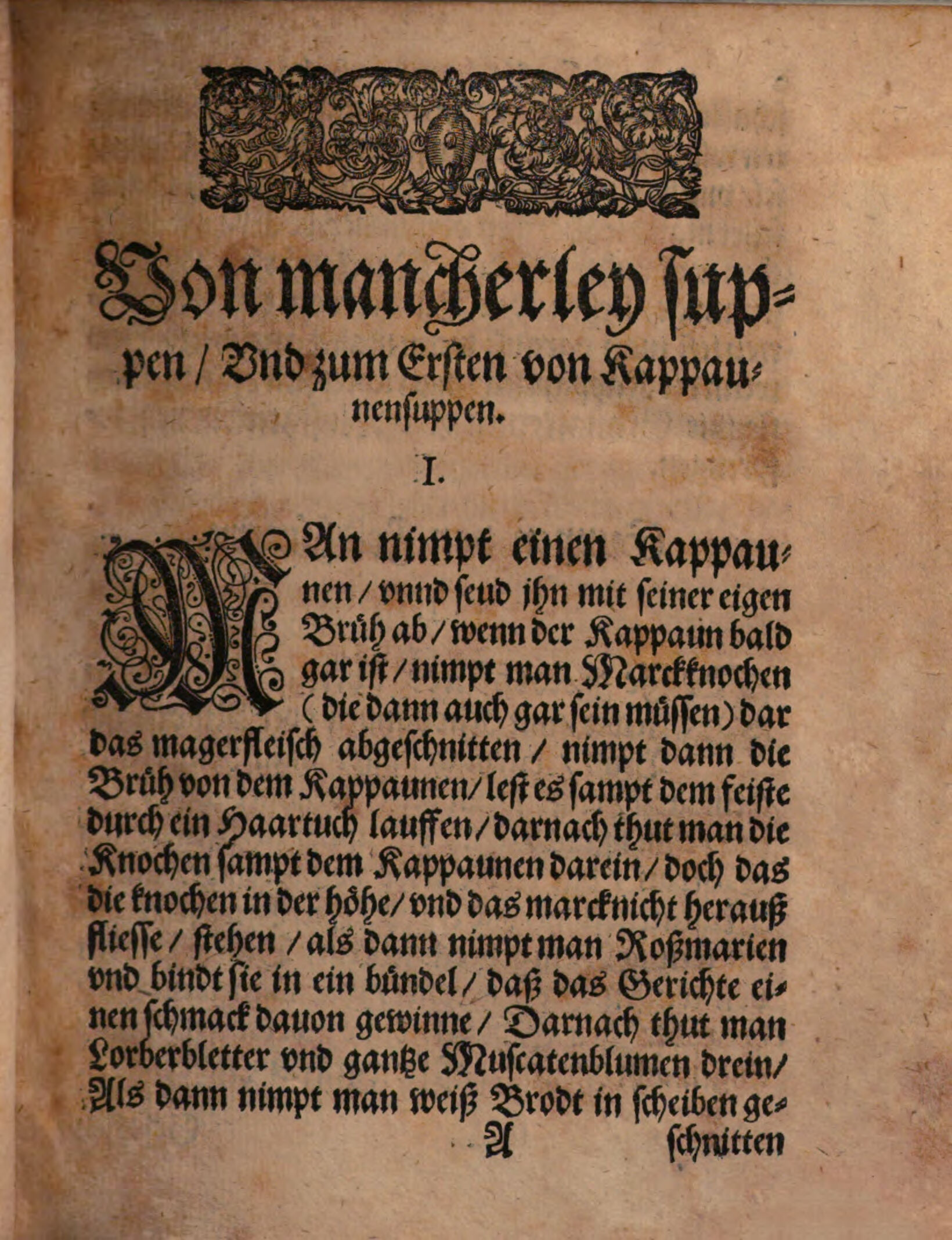 Kapaun in Brühe mit Markknochen – Originalseite aus Kunstbuch von mancherley Essen