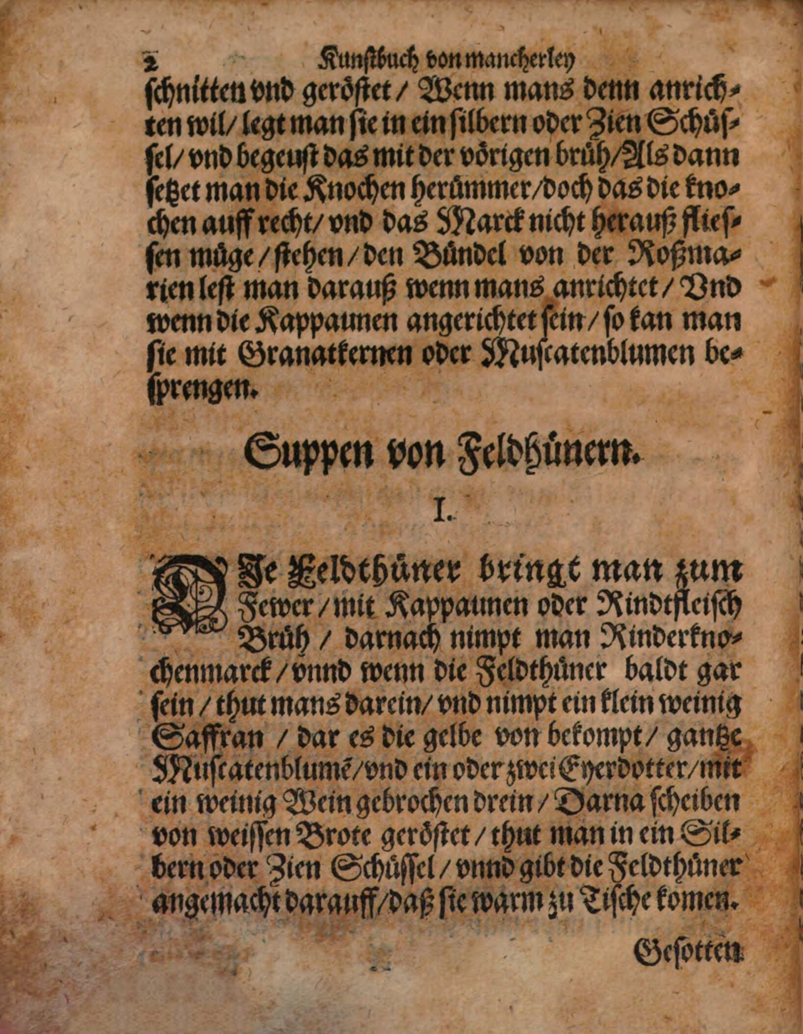 Feldhühnersuppe mit Rindermark, Safran und Eigelb – Originalseite aus Kunstbuch von mancherley Essen