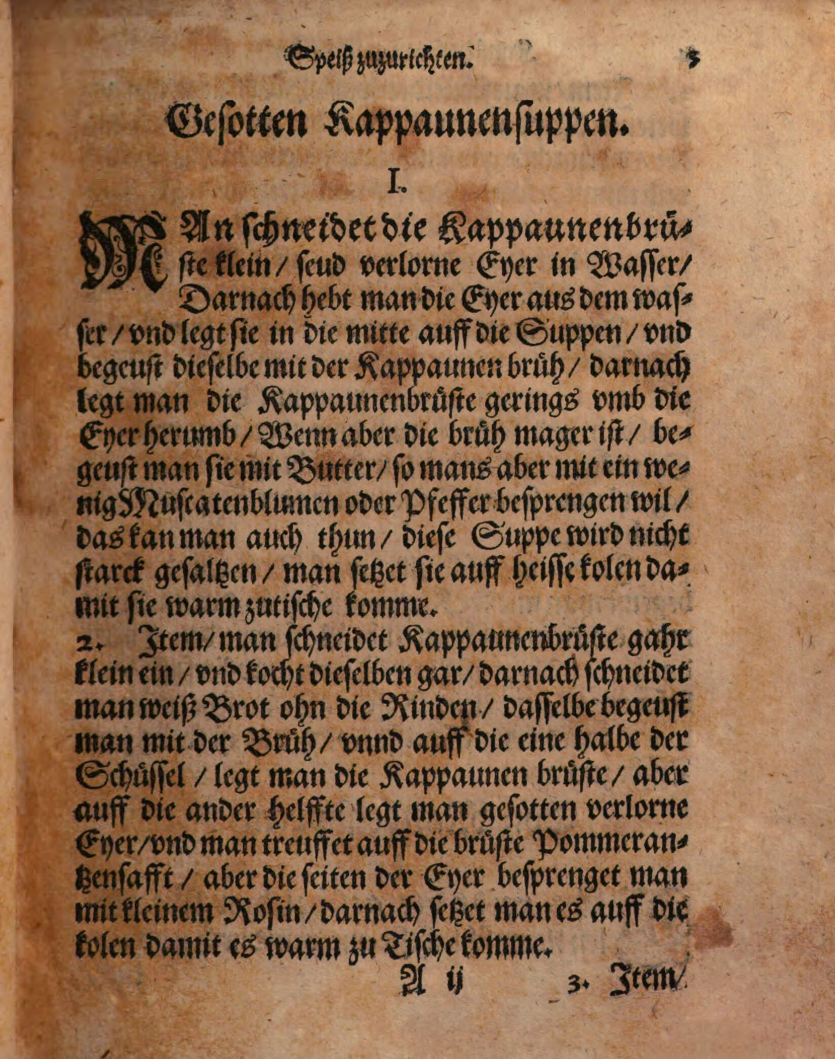 Kapaunenbrust und verlorene Eier auf Brot mit Pomeranzensaft – Originalseite aus Kunstbuch von mancherley Essen