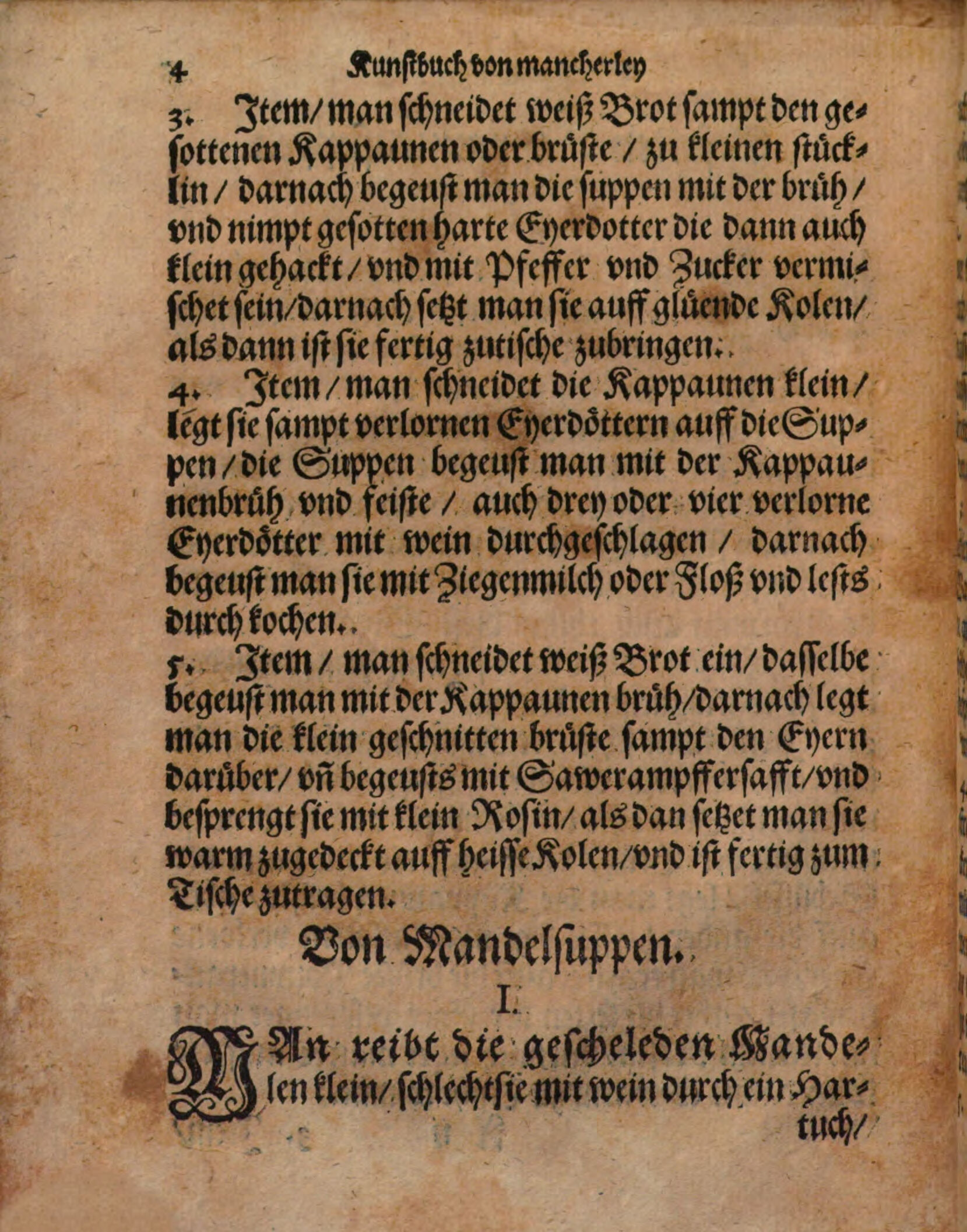 Mandelsuppe mit Wein und Muskatblüte – Originalseite aus Kunstbuch von mancherley Essen
