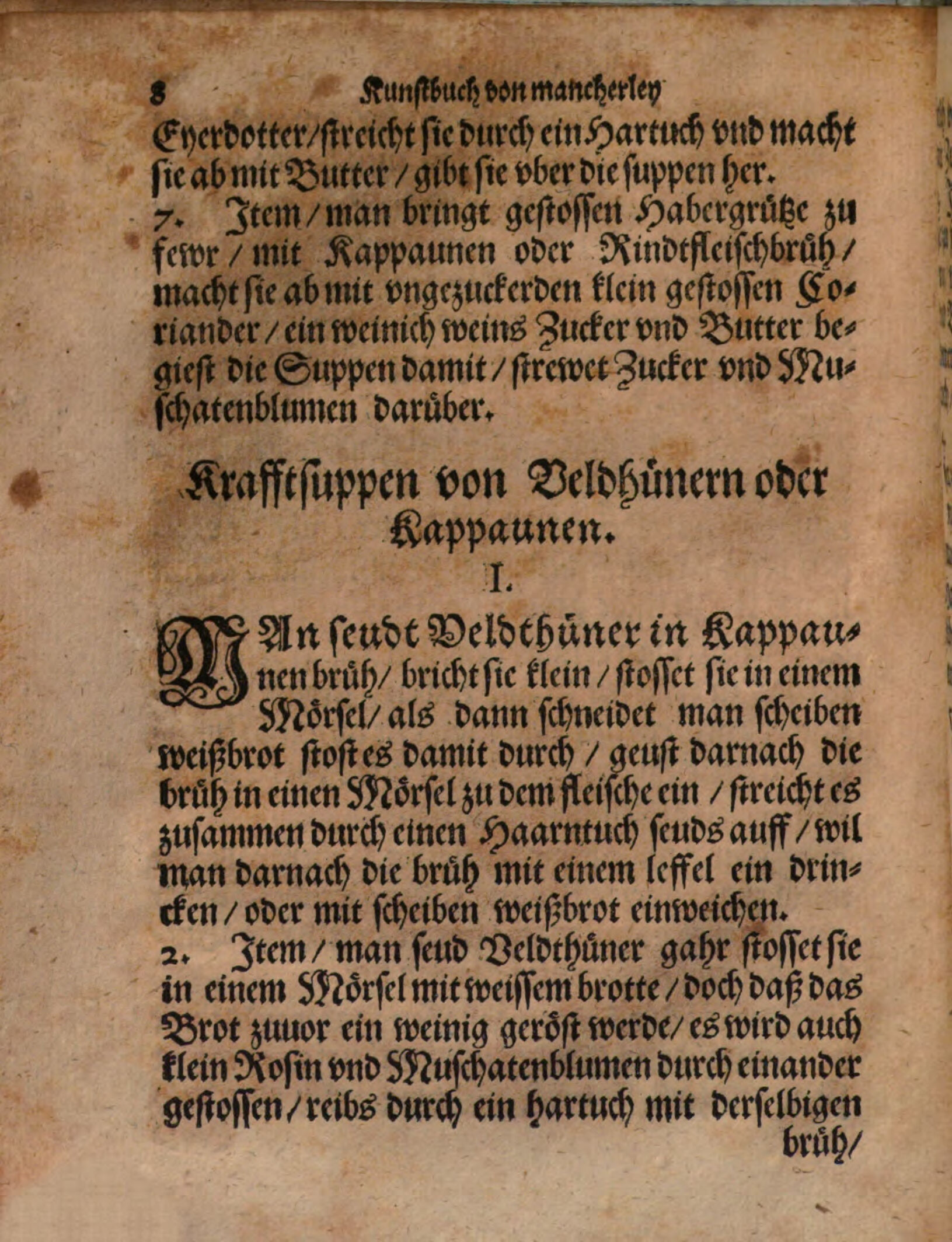 Hafergrützsuppe in Fleischbrühe mit Koriander, Wein und Butter – Originalseite aus Kunstbuch von mancherley Essen