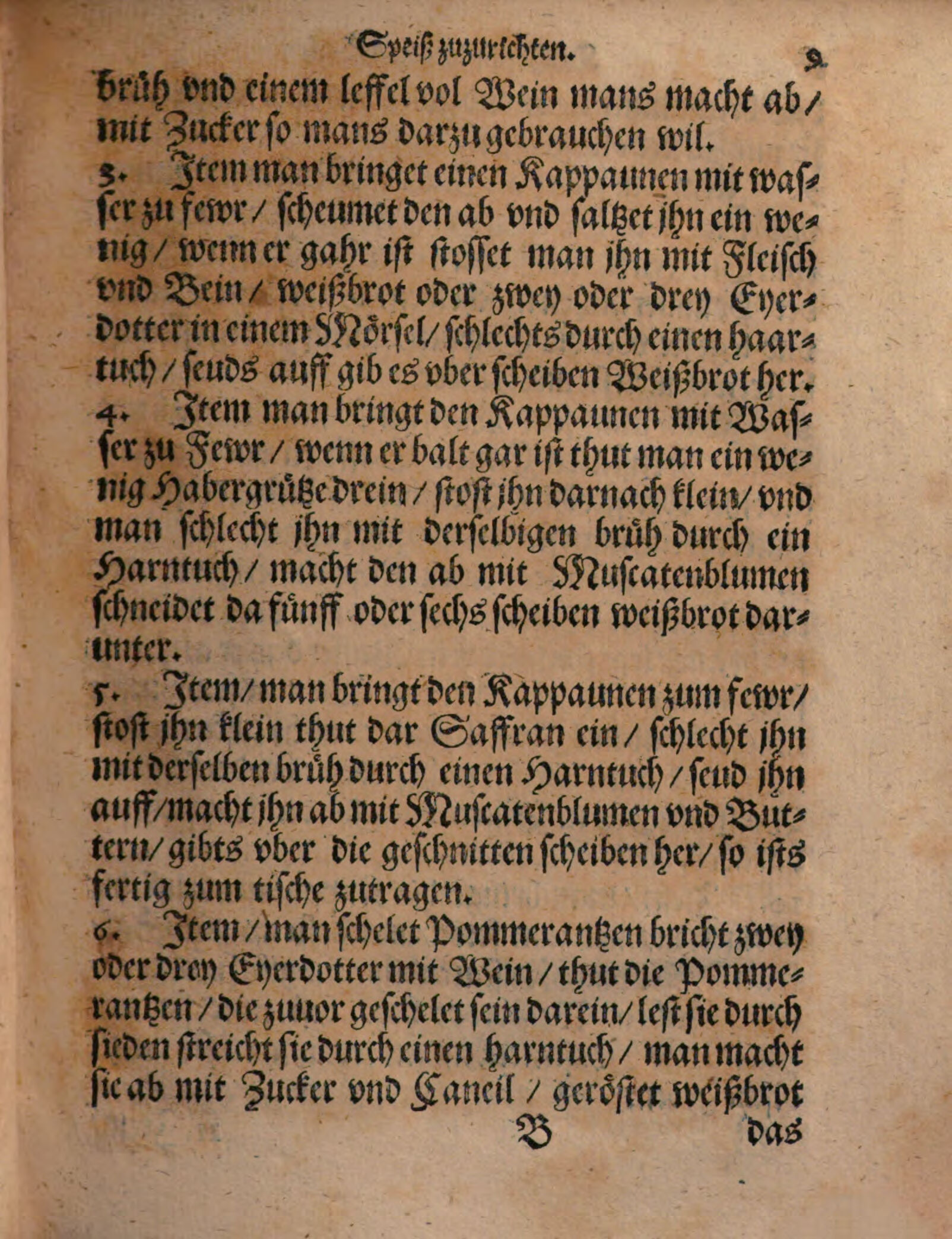 Kapaunen-Kraftsuppe, mit Weißbrot oder Eigelb gebunden – Originalseite aus Kunstbuch von mancherley Essen