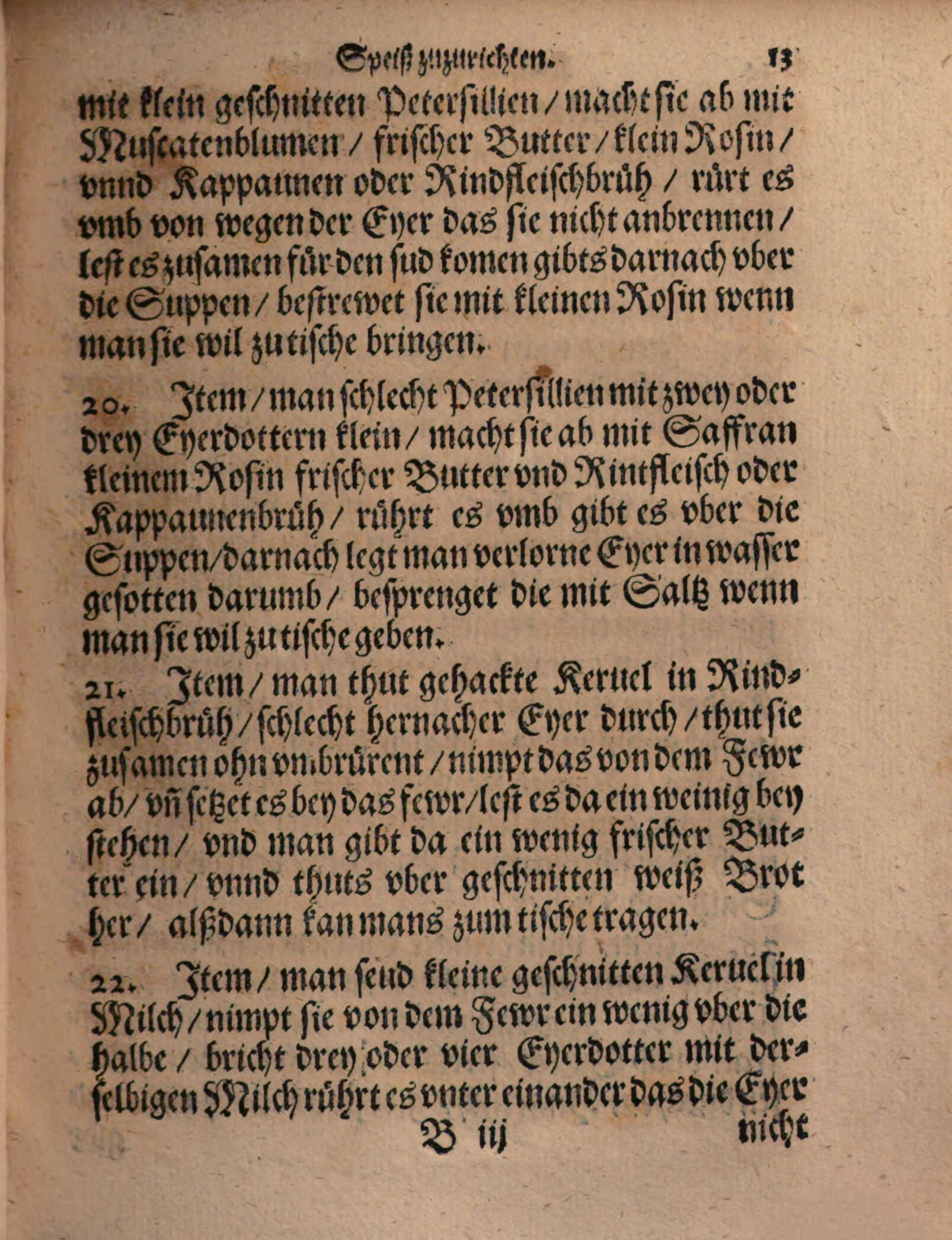 Suppe mit Petersilie, Safran und verlorenen Eiern – Originalseite aus Kunstbuch von mancherley Essen