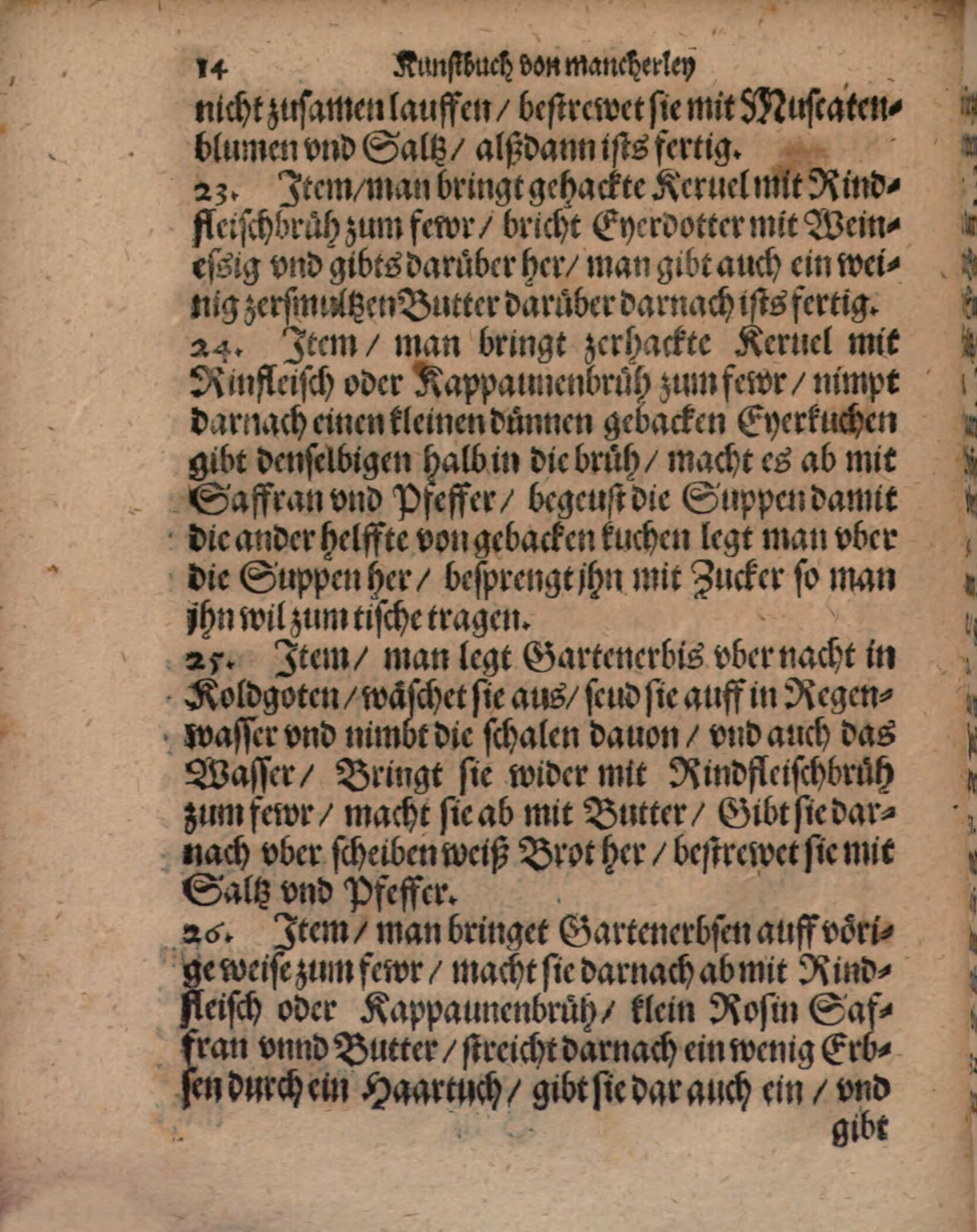 Geschälte Gartenerbsen in Rindfleischbrühe über Weißbrot – Originalseite aus Kunstbuch von mancherley Essen