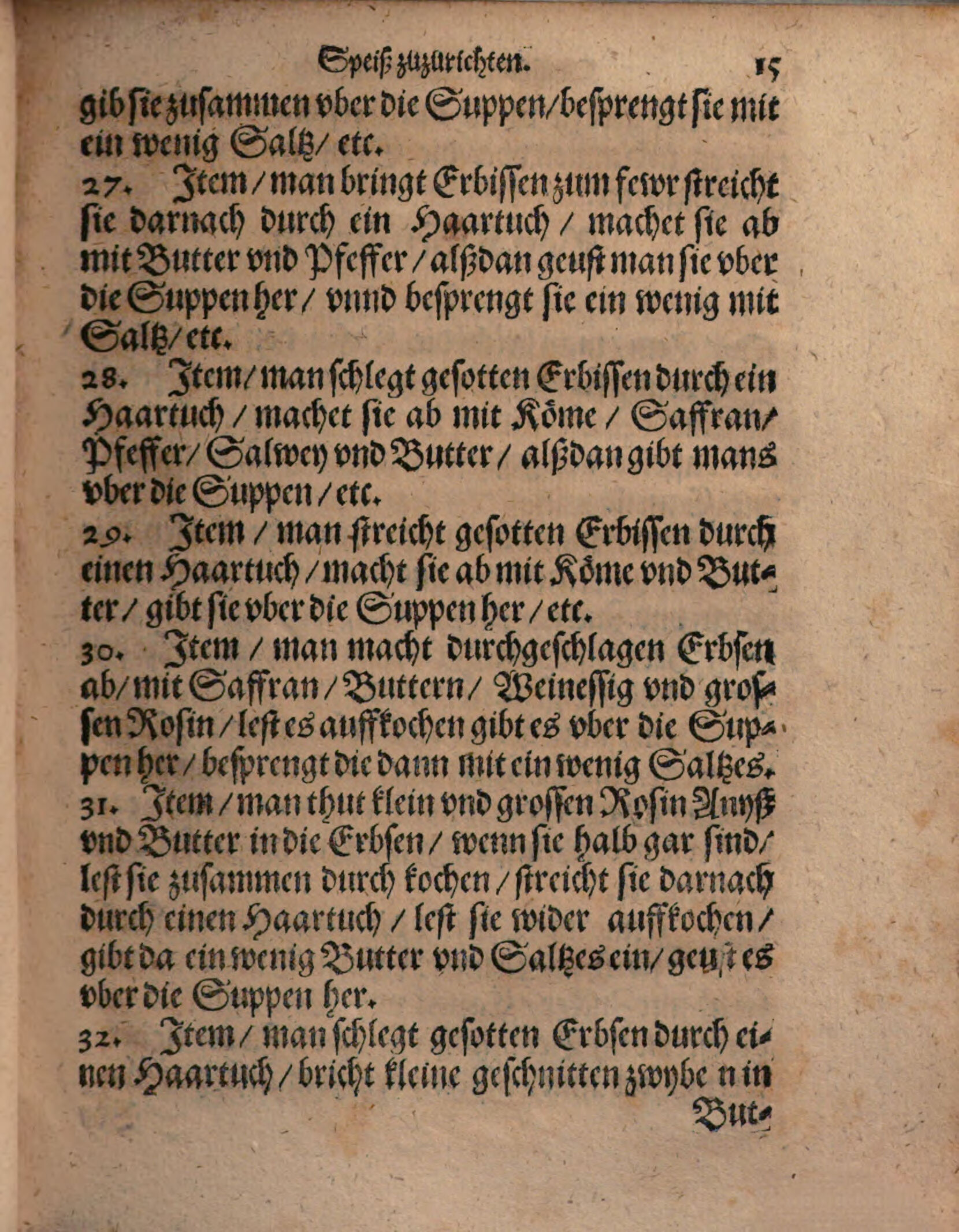 Passierte Erbsen mit Kümmel, Safran und Salbei – Originalseite aus Kunstbuch von mancherley Essen