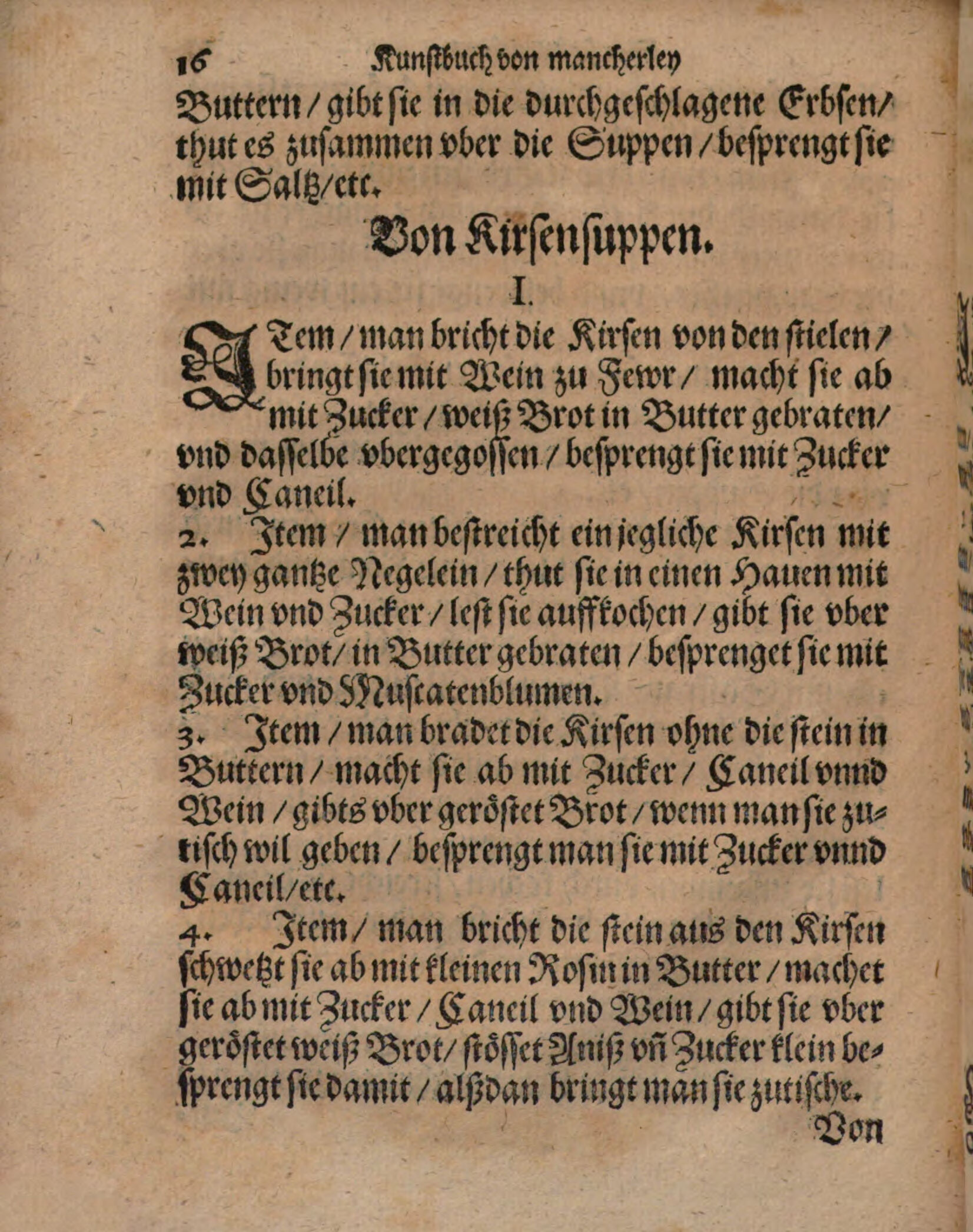 Kirschsuppe mit Nelken über Weißbrot – Originalseite aus Kunstbuch von mancherley Essen