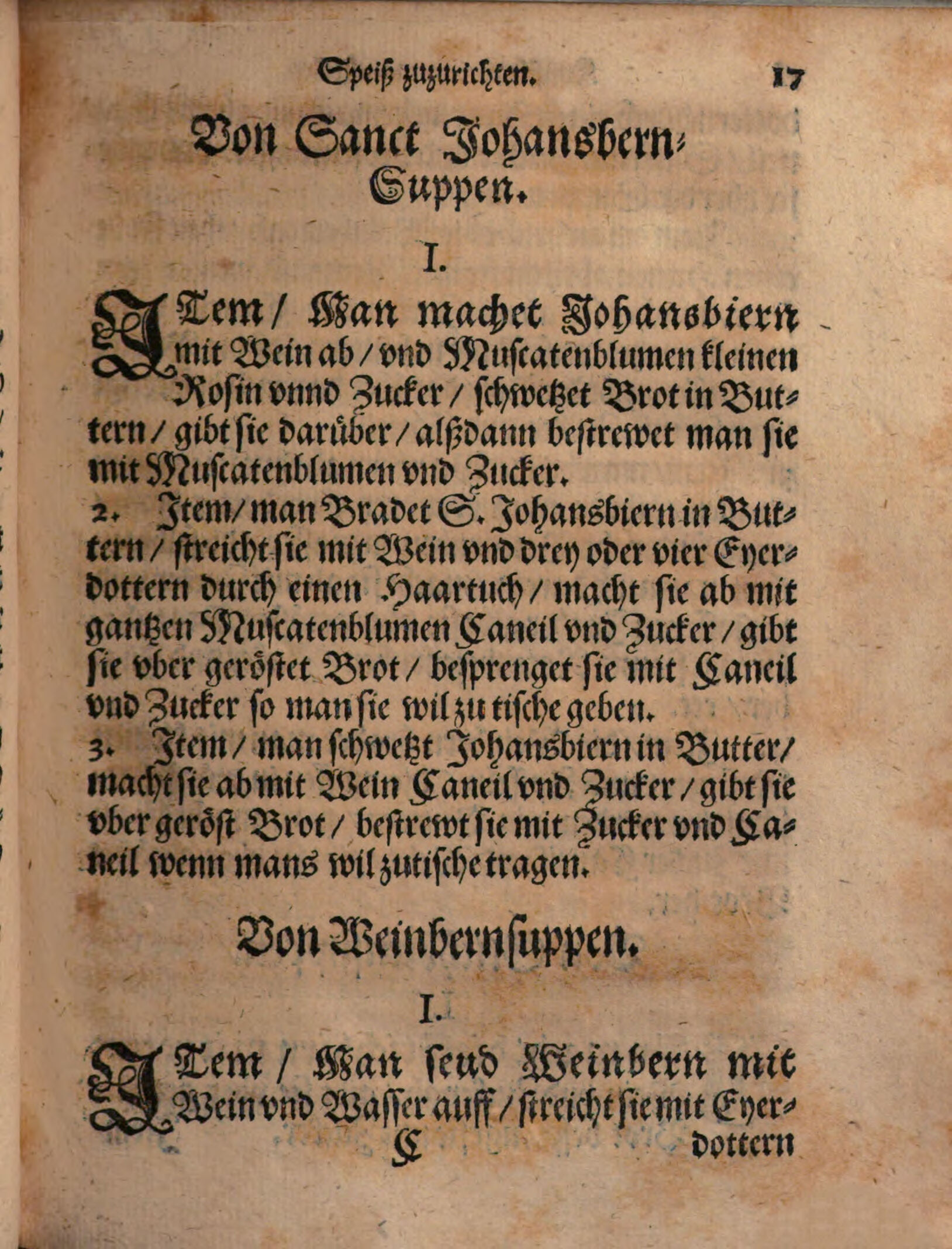 Johannisbeeren in Butter und Wein auf Röstbrot, mit Zimtzucker – Originalseite aus Kunstbuch von mancherley Essen