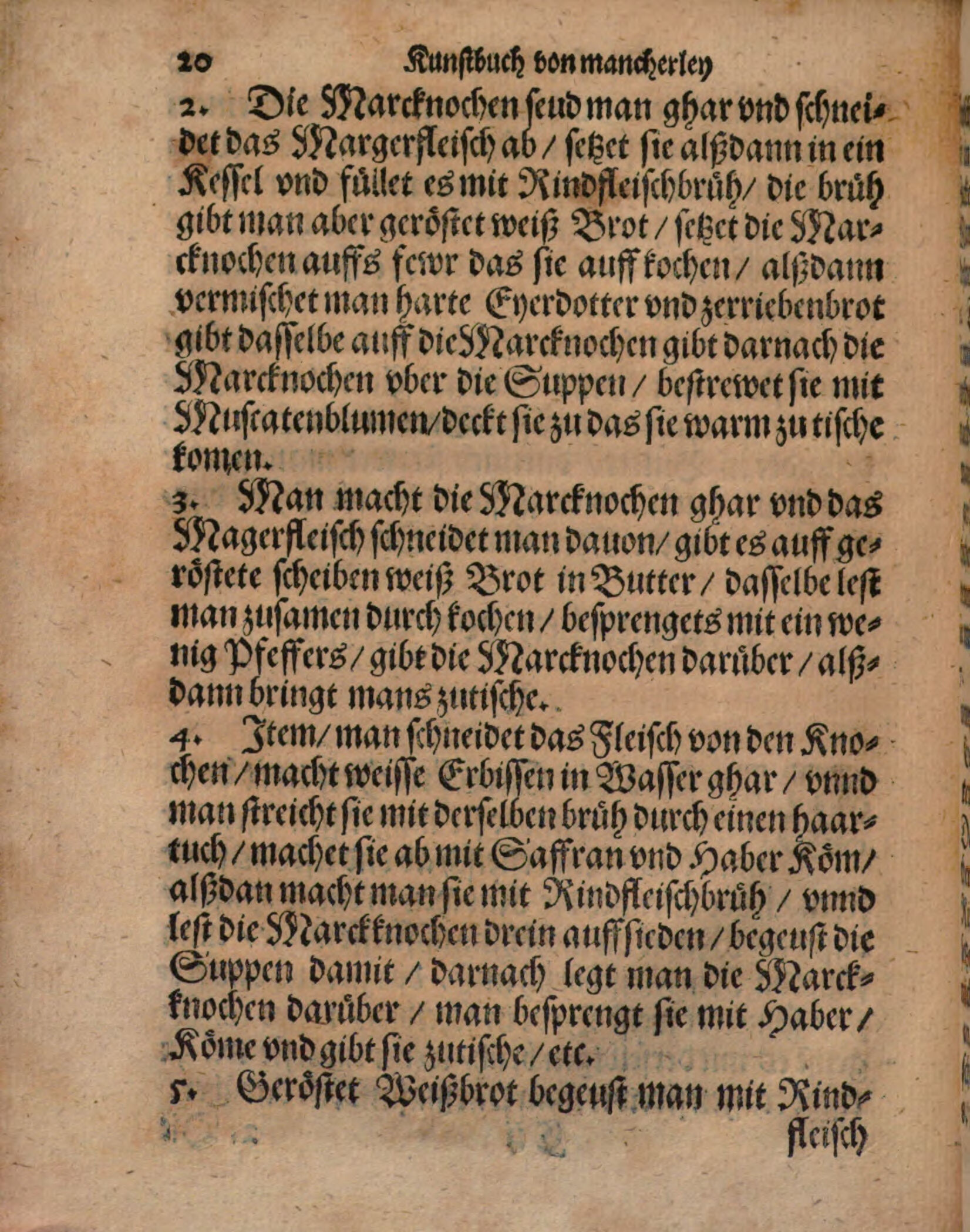 Erbsensuppe mit Ochsen-Markknochen – Originalseite aus Kunstbuch von mancherley Essen