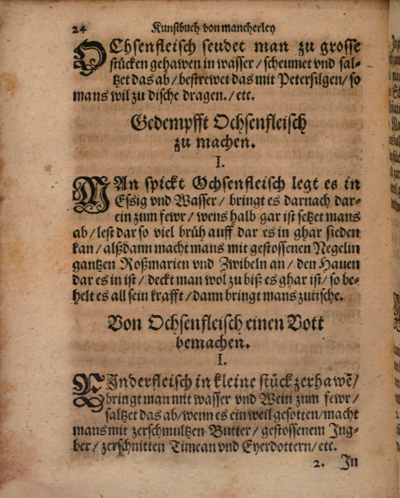 Rindfleisch in Wein mit Ingwer, Thymian und Eigelb – Originalseite aus Kunstbuch von mancherley Essen