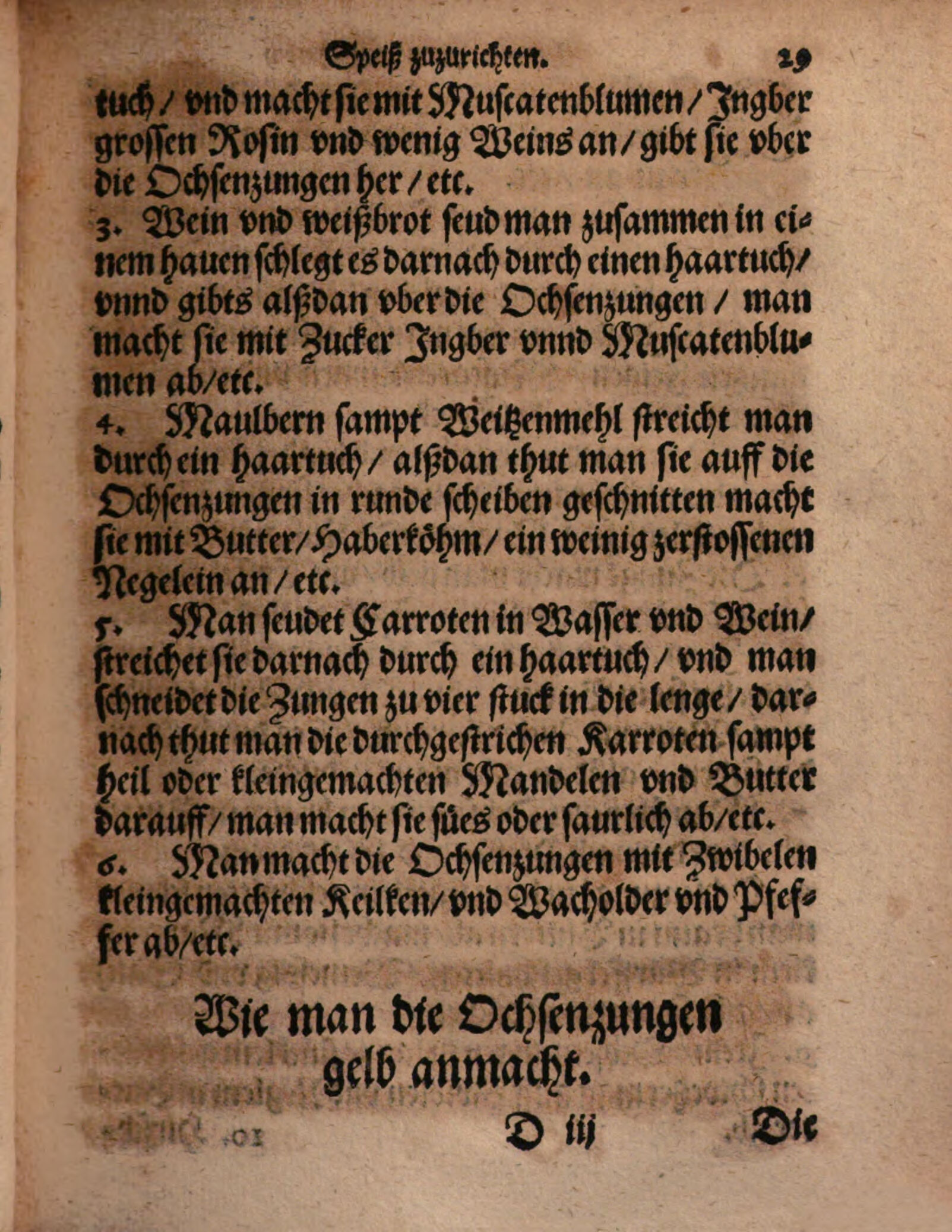 Ochsenzungen mit Karottenmus und Mandeln – Originalseite aus Kunstbuch von mancherley Essen