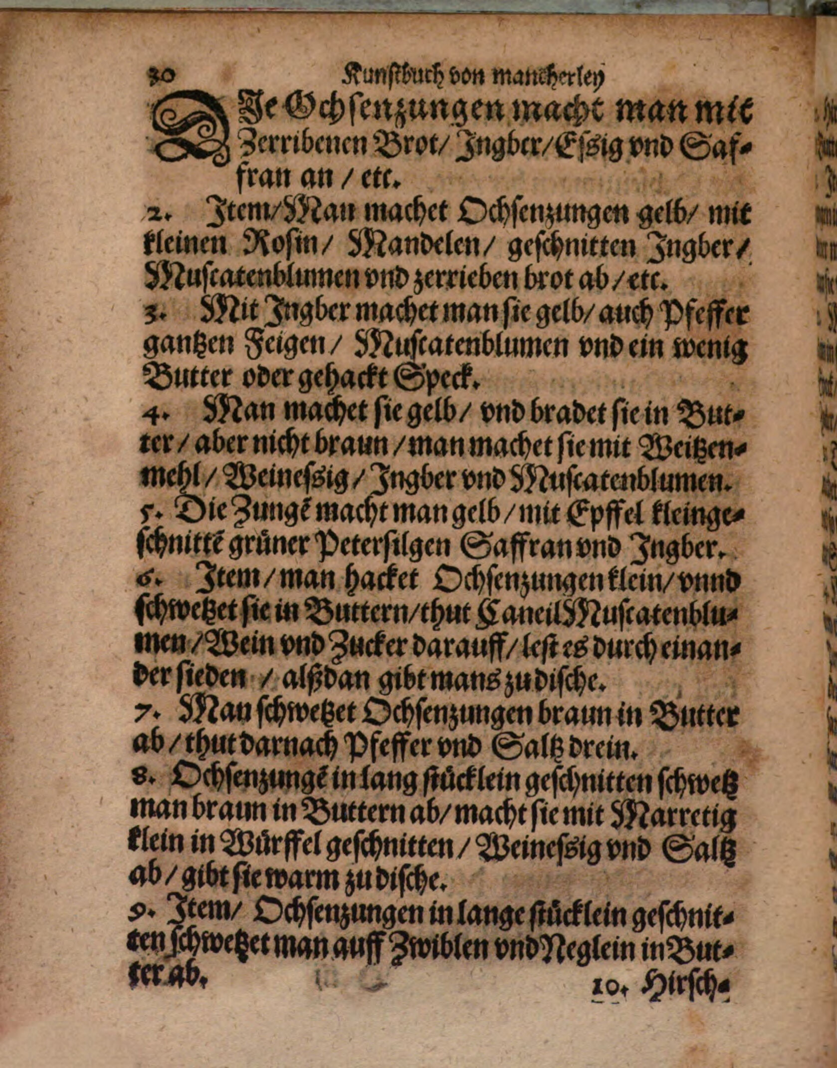 Gelbe Ochsenzunge mit kleinen Rosinen und Mandeln – Originalseite aus Kunstbuch von mancherley Essen