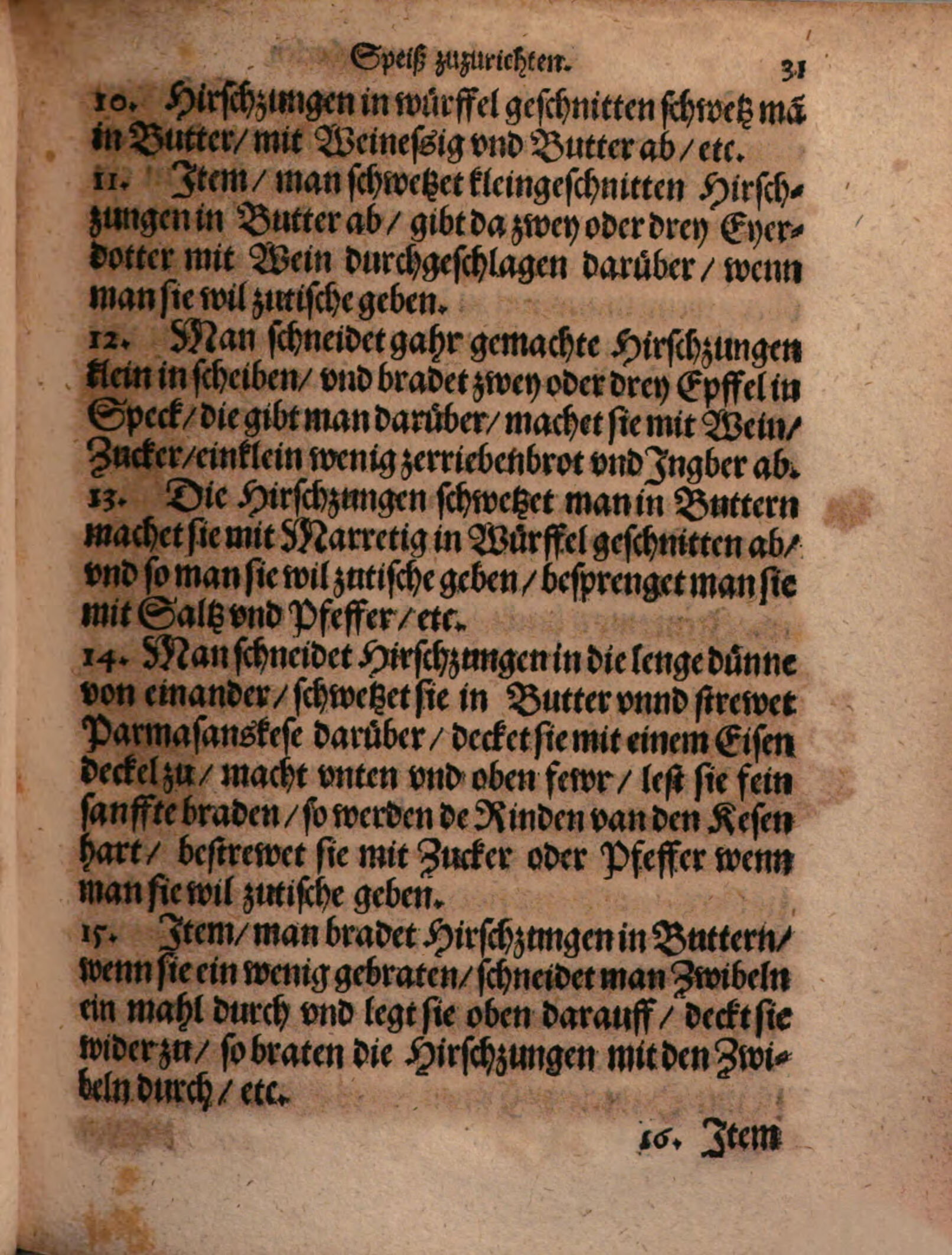 Hirschzungen mit Parmesankruste – Originalseite aus Kunstbuch von mancherley Essen