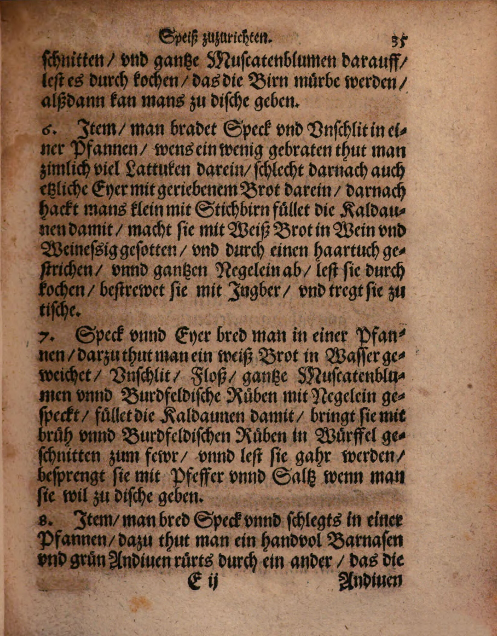 Gefüllte Kaldaunen mit Lattich und Stachelbeeren – Originalseite aus Kunstbuch von mancherley Essen