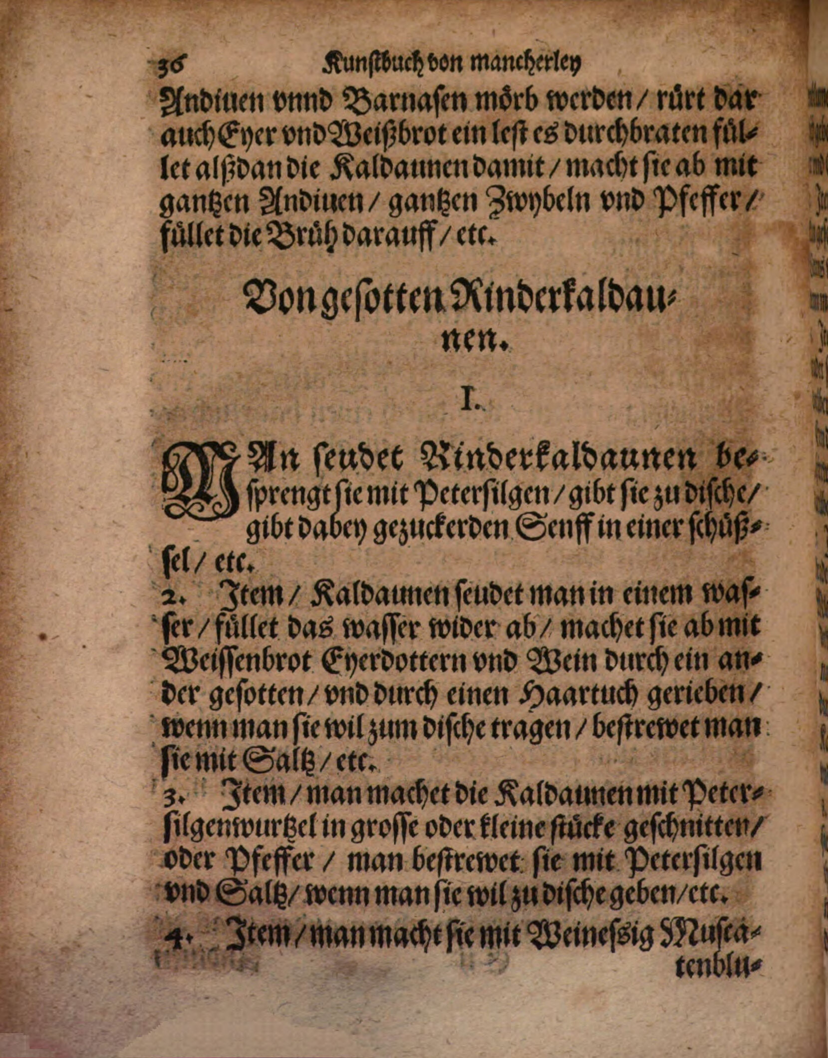 Gesottene Kaldaunen mit Weinessig und Ingwer – Originalseite aus Kunstbuch von mancherley Essen