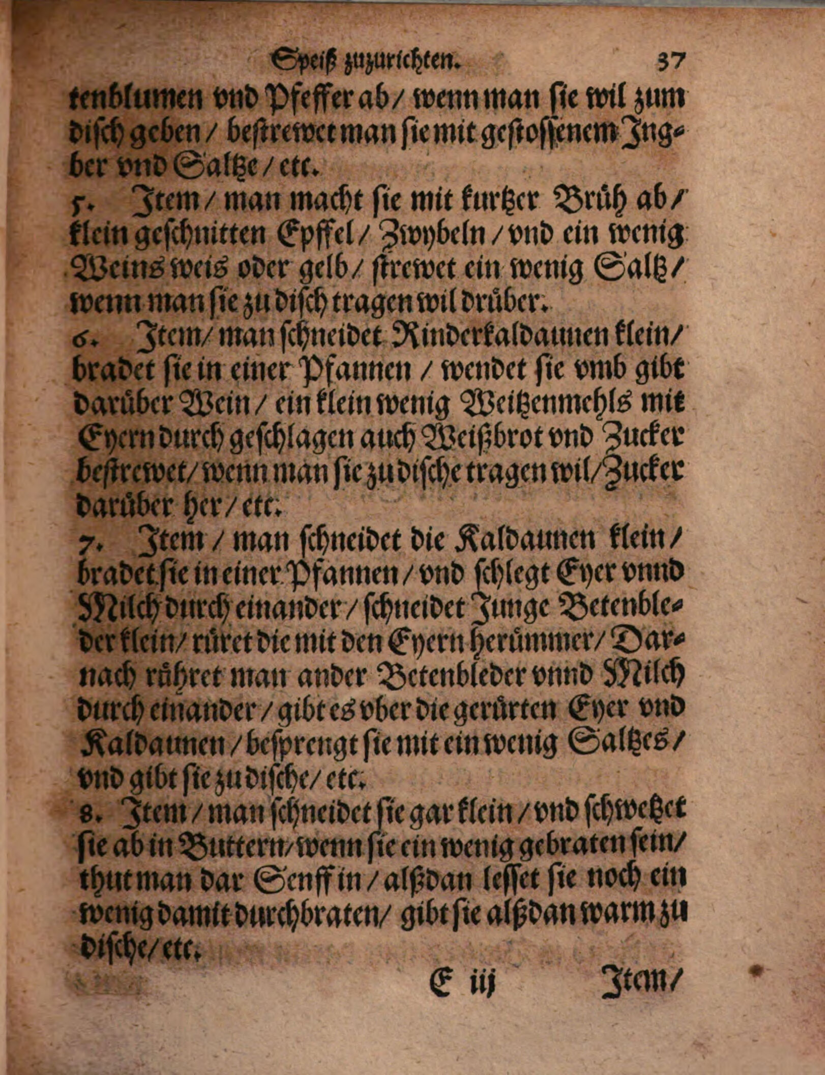 Gebratene Rinderkaldaunen mit Wein, Ei und Zucker – Originalseite aus Kunstbuch von mancherley Essen