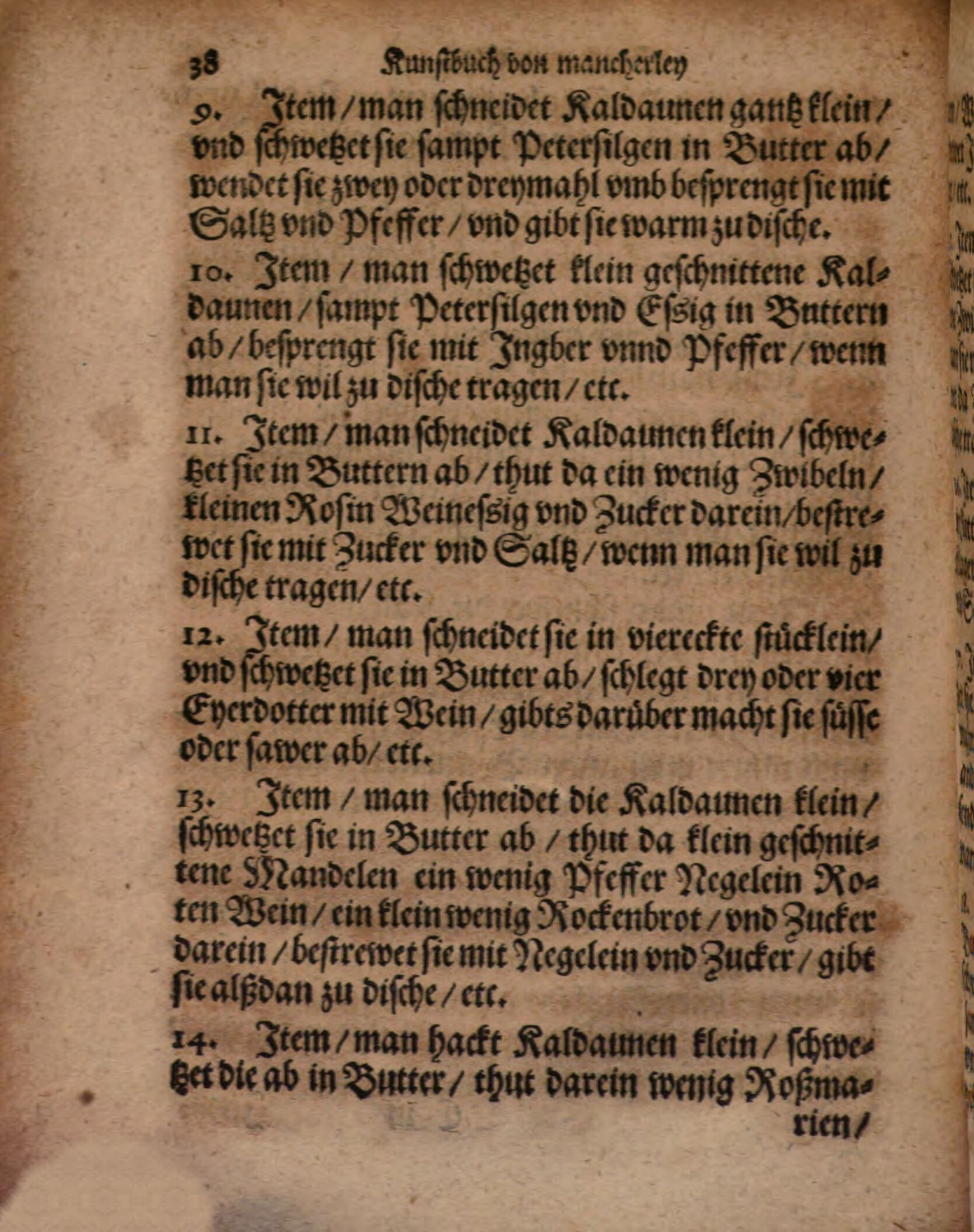 Kaldaunen mit Rosinen, Zwiebeln und Weinessig – Originalseite aus Kunstbuch von mancherley Essen