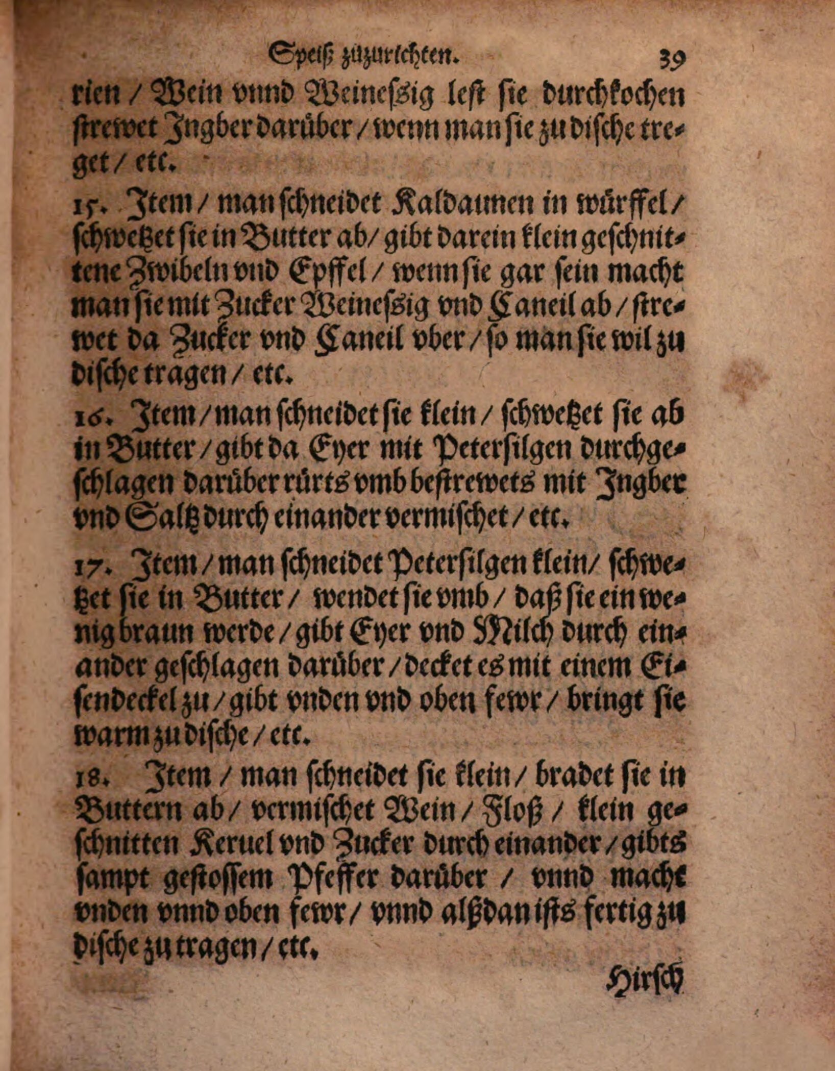Rinderkaldaunen mit Rahm, Wein und Kerbel – Originalseite aus Kunstbuch von mancherley Essen