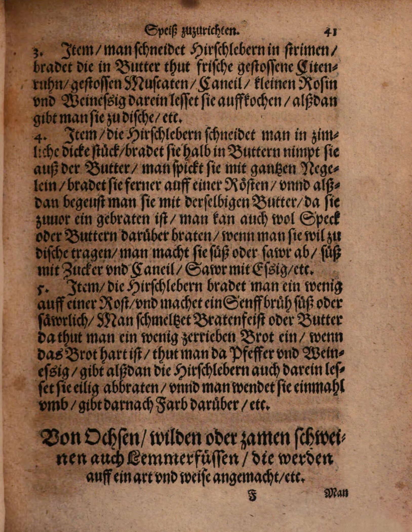 Hirschleber in Streifen mit Rosinen – Originalseite aus Kunstbuch von mancherley Essen