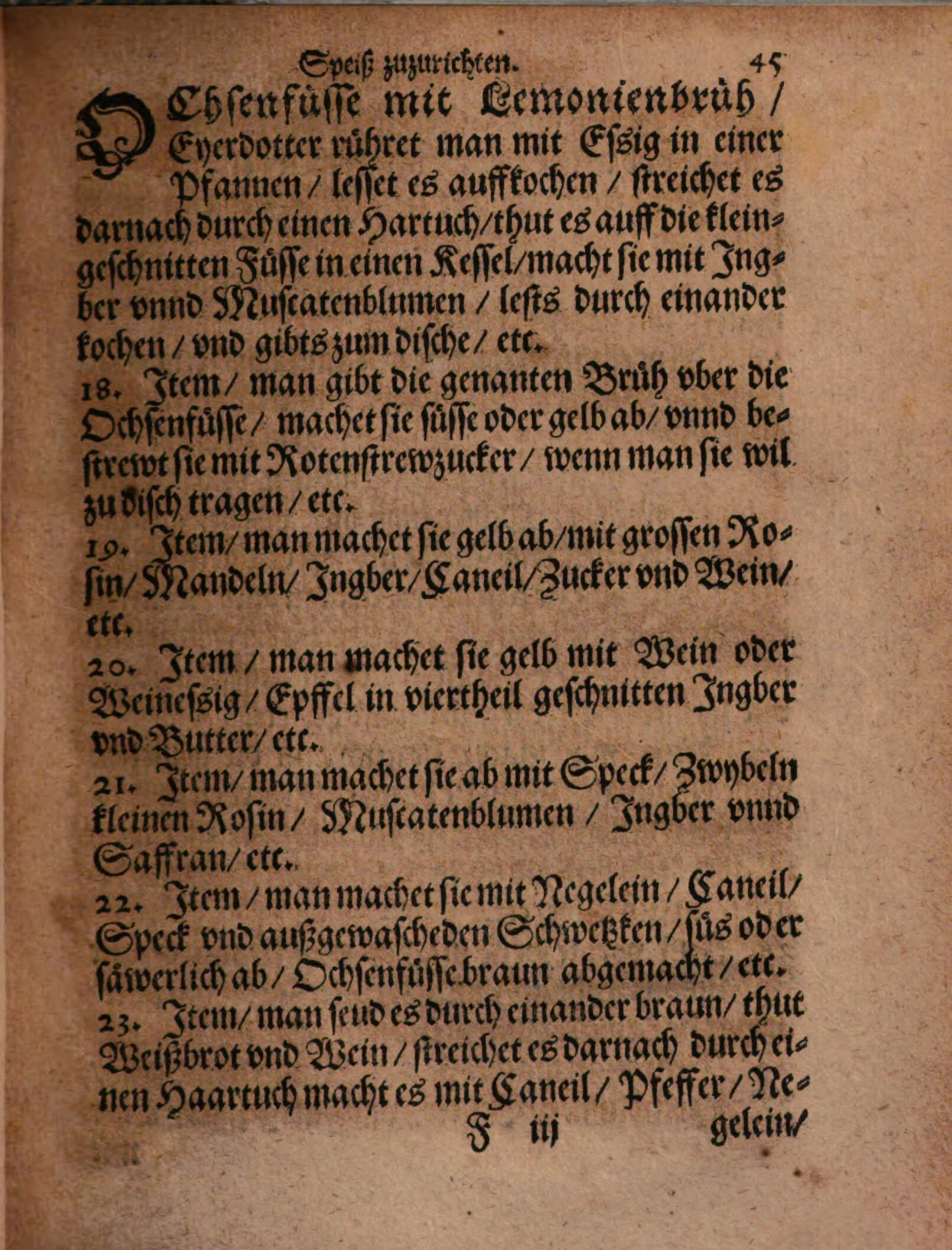Ochsenfüße in brauner Brot-Wein-Sauce – Originalseite aus Kunstbuch von mancherley Essen