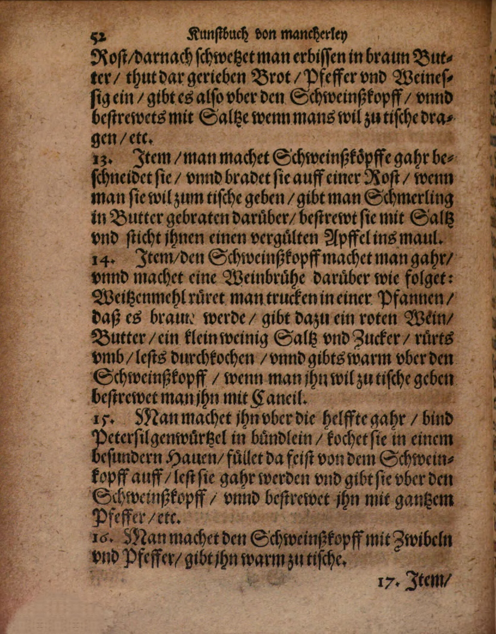 Wildschweinskopf vom Rost mit Schmerlen und vergoldetem Apfel – Originalseite aus Kunstbuch von mancherley Essen