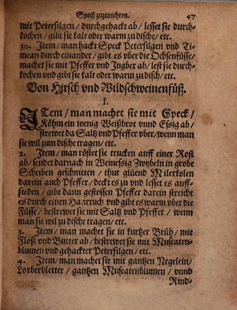 Hirsch- und Wildschweinfüße in kurzer Brühe mit Rahm und Petersilie – Originalseite