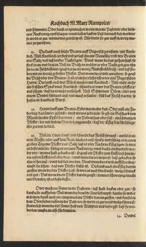 Damhirschbraten auf ungarische Art in Knoblauch-Essig, dazu Knoblauchwurst – Originalseite