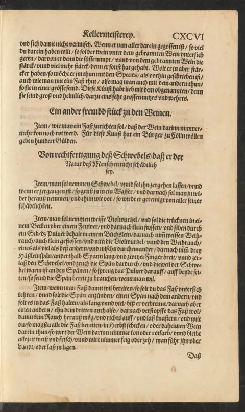 Schwefel läutern und Schwefelspäne aus Haselholz zum Ausbrennen von Weinfässern – Originalseite