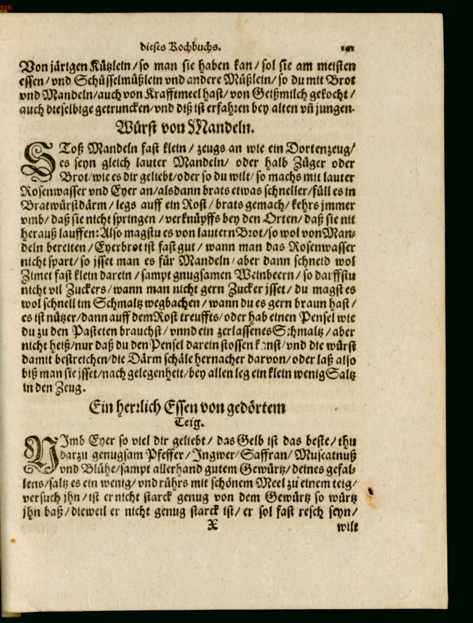 Mandelwürste im Darm – Originalseite aus Ein köstlich new Kochbuch