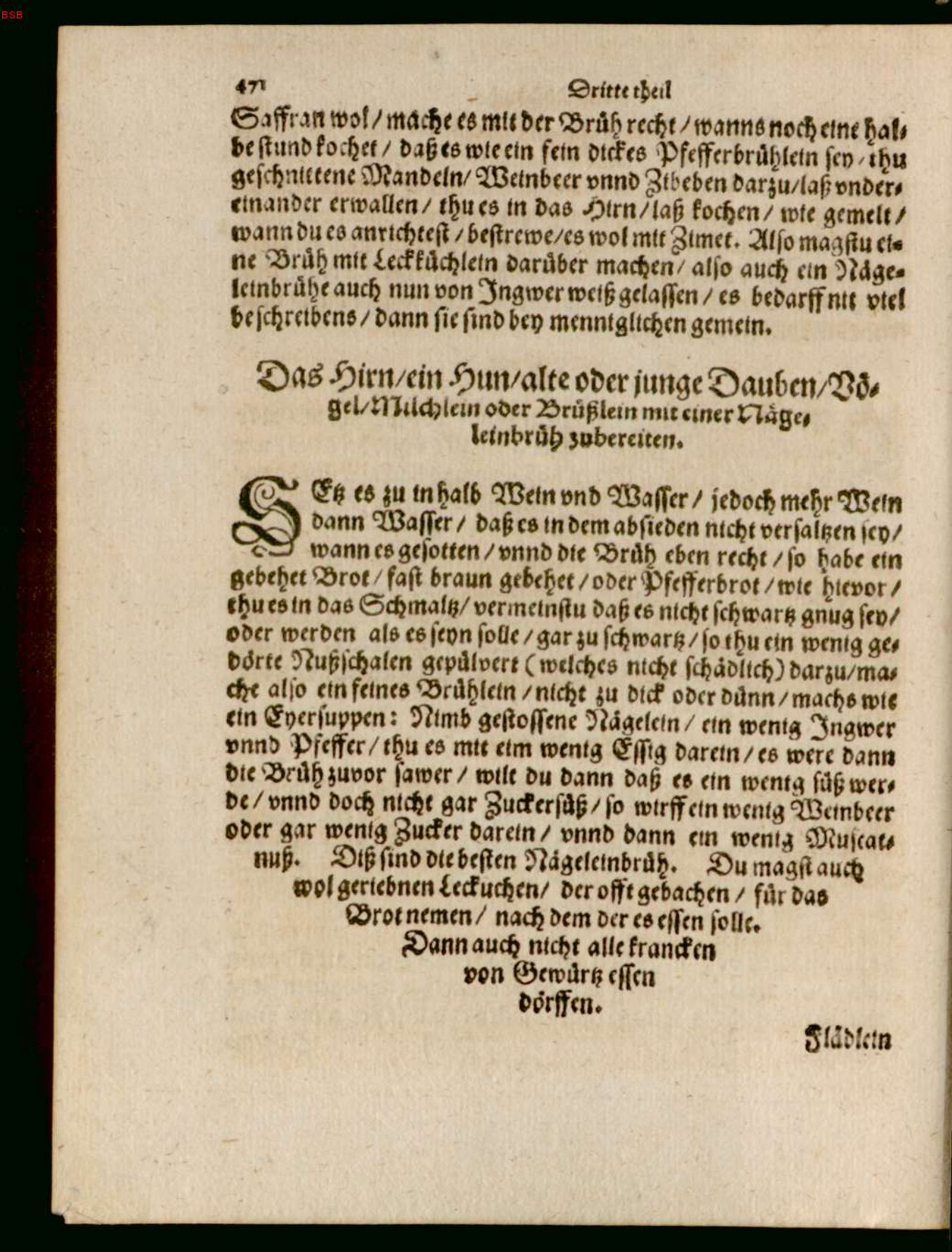 Nelkenbrühe zu Hirn, Geflügel und Bries – Originalseite aus Ein köstlich new Kochbuch