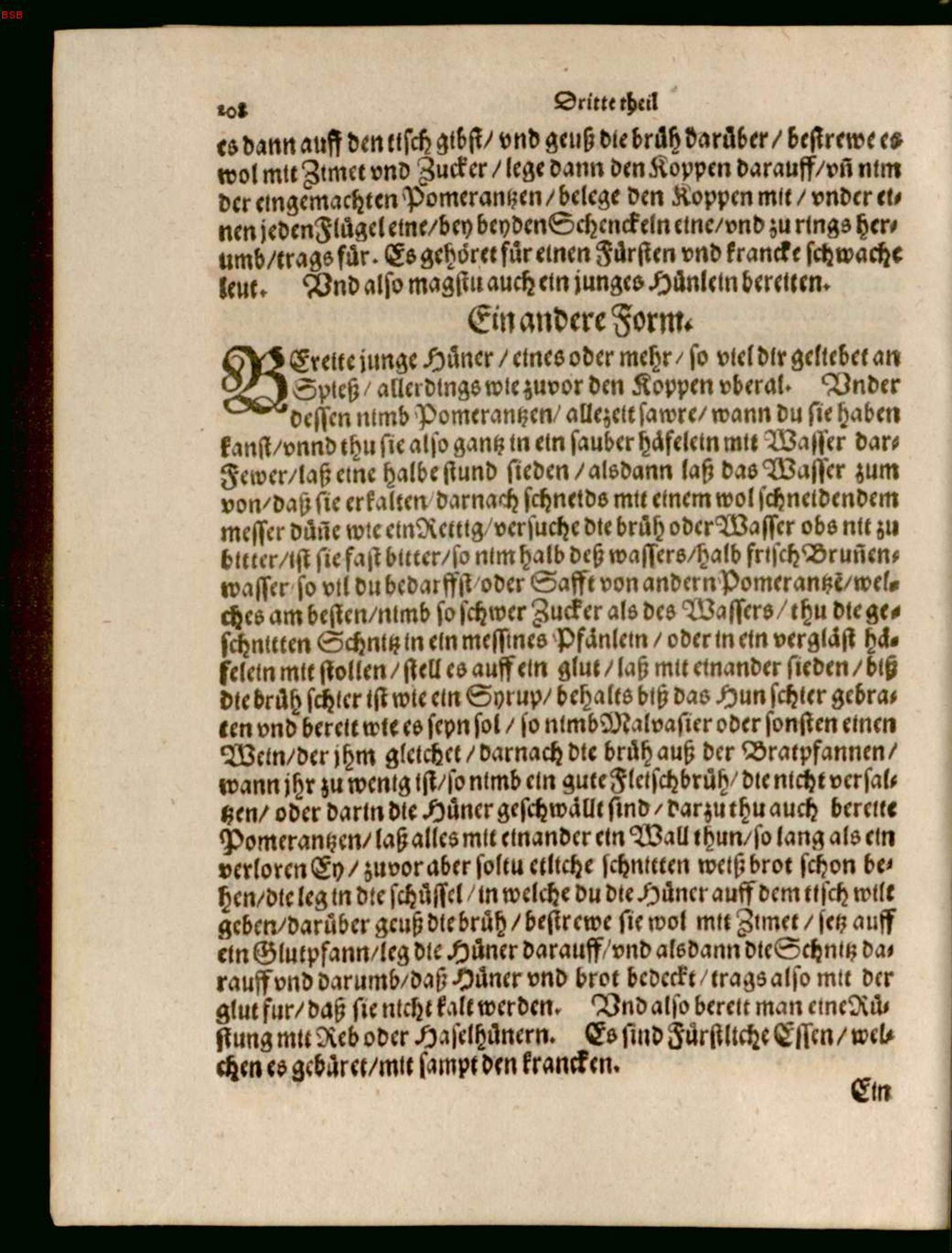 Junge Hühner mit Pomeranzenschnitzen, andere Form – Originalseite aus Ein köstlich new Kochbuch