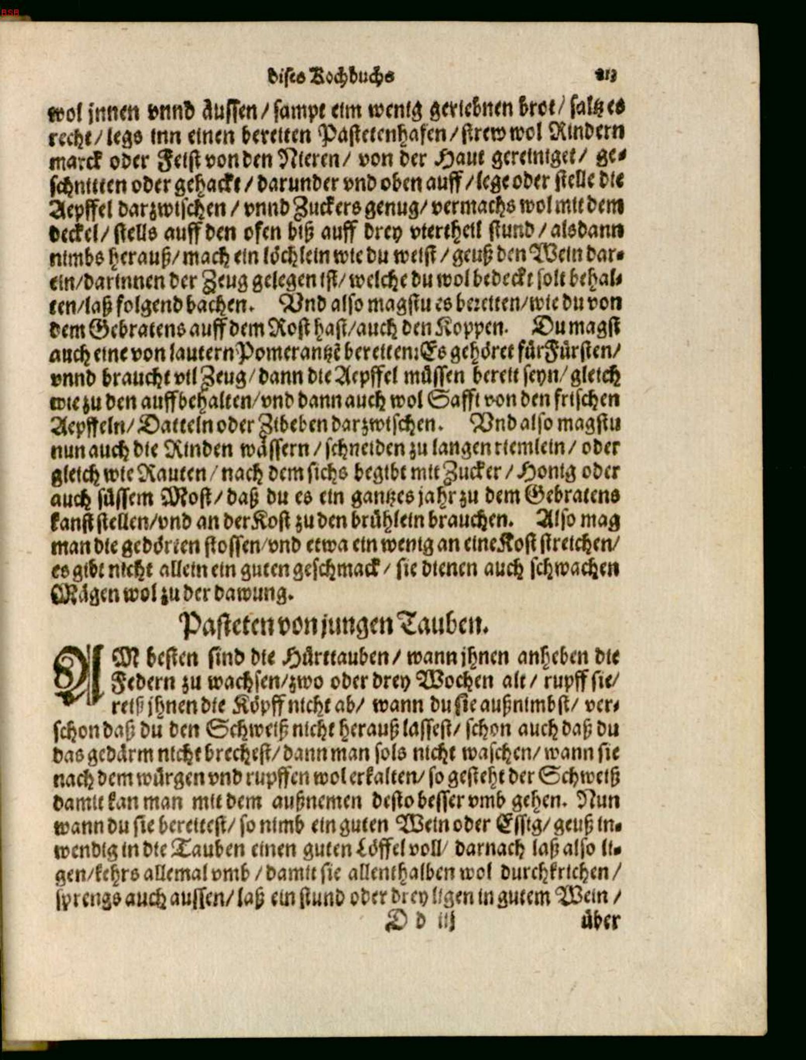 Pastete von jungen Tauben – Originalseite aus Ein köstlich new Kochbuch