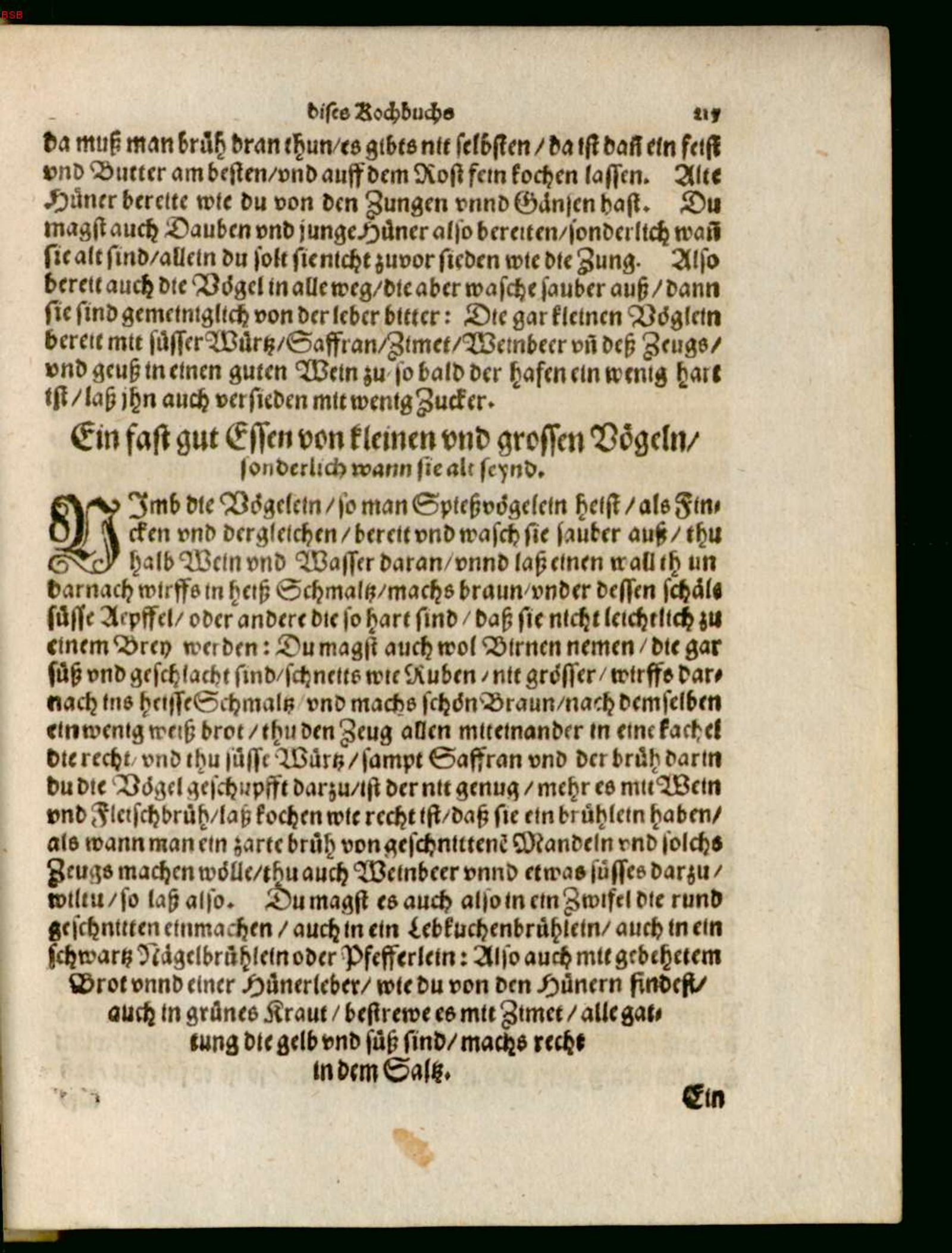 Kleine und große Vögel mit Äpfeln und Safran – Originalseite aus Ein köstlich new Kochbuch